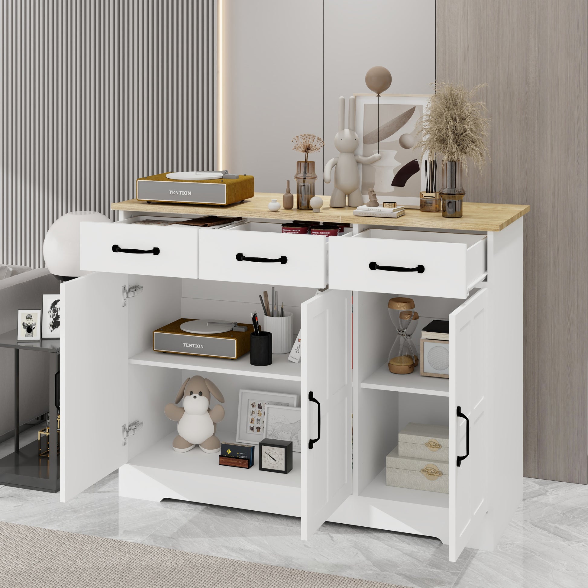 Farmhouse Buffet Cabinet Storage Sideboard With 3 Drawers And 3 Doors For Dining Living Room Kitchen Cupboard White White Mdf