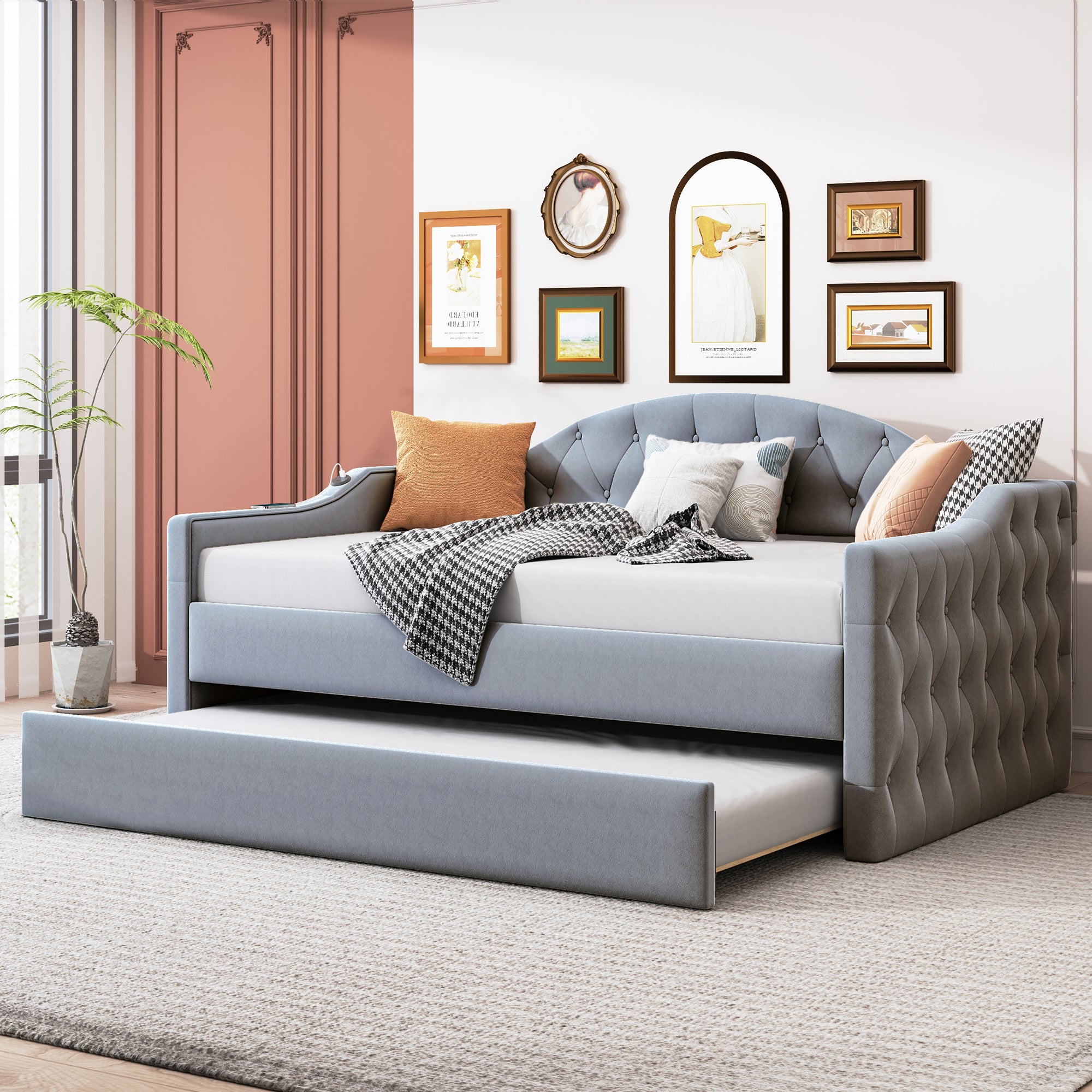 Twin Size Tufted Upholstered Daybed With Trundle ,Velvet Sofabed With Usb&Type C Charging Ports,No Box Spring Needed, Gray Gray Velvet