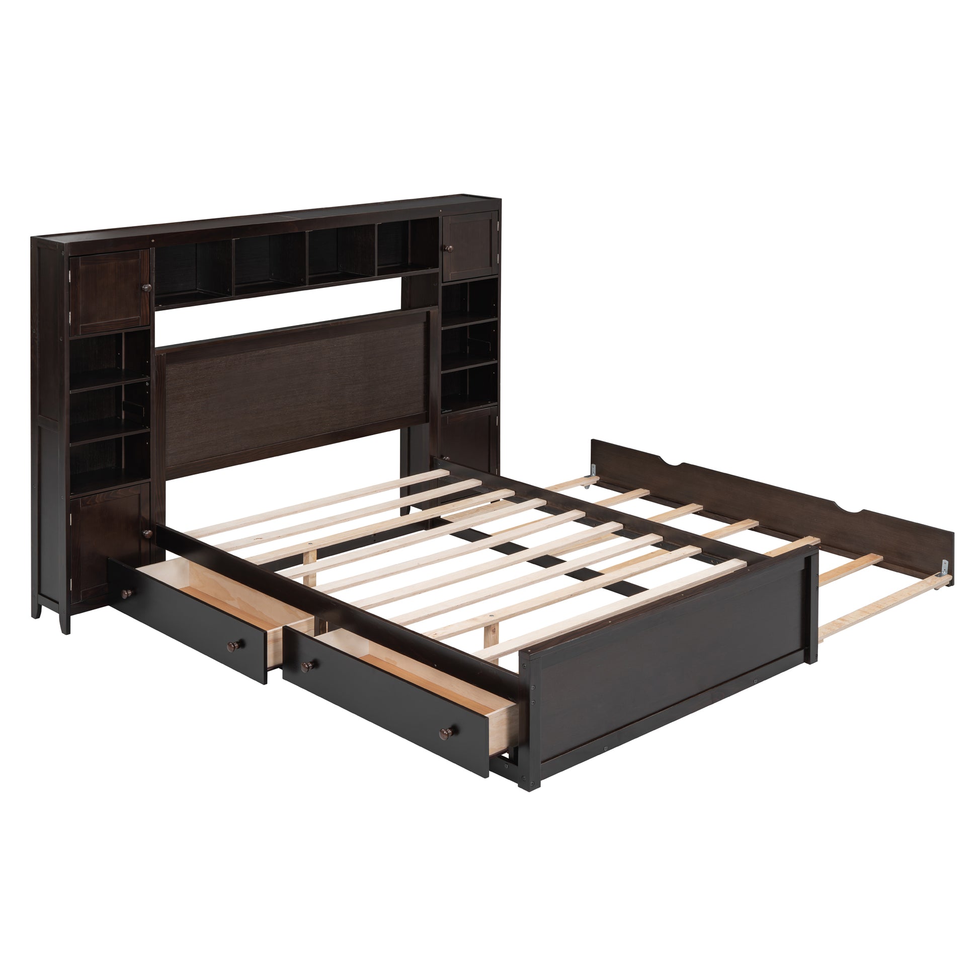 Full Size Wooden Bed With All In One Cabinet, Shelf And Sockets,Twin Size Trundle, Espresso Full Espresso Solid Wood