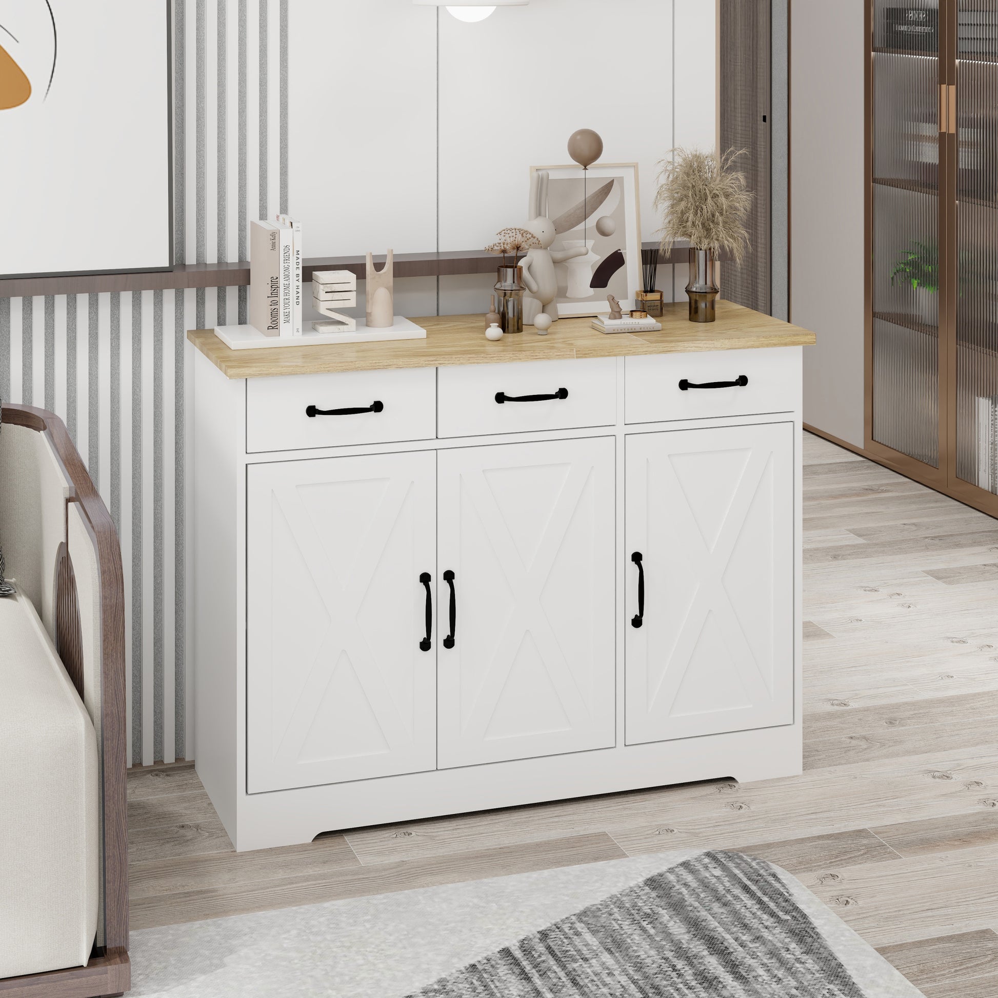 Farmhouse Buffet Cabinet Storage Sideboard With 3 Drawers And 3 Doors For Dining Living Room Kitchen Cupboard White White Mdf