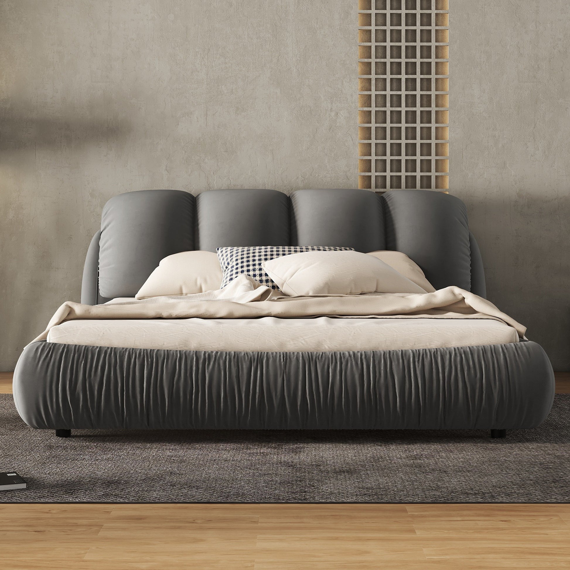 Queen Size Luxury Upholstered Bed With Thick Headboard, Velvet Queen Bed With Oversized Padded Backrest, Gray Expect Arrival Date 2024 4 2 Queen Gray Velvet