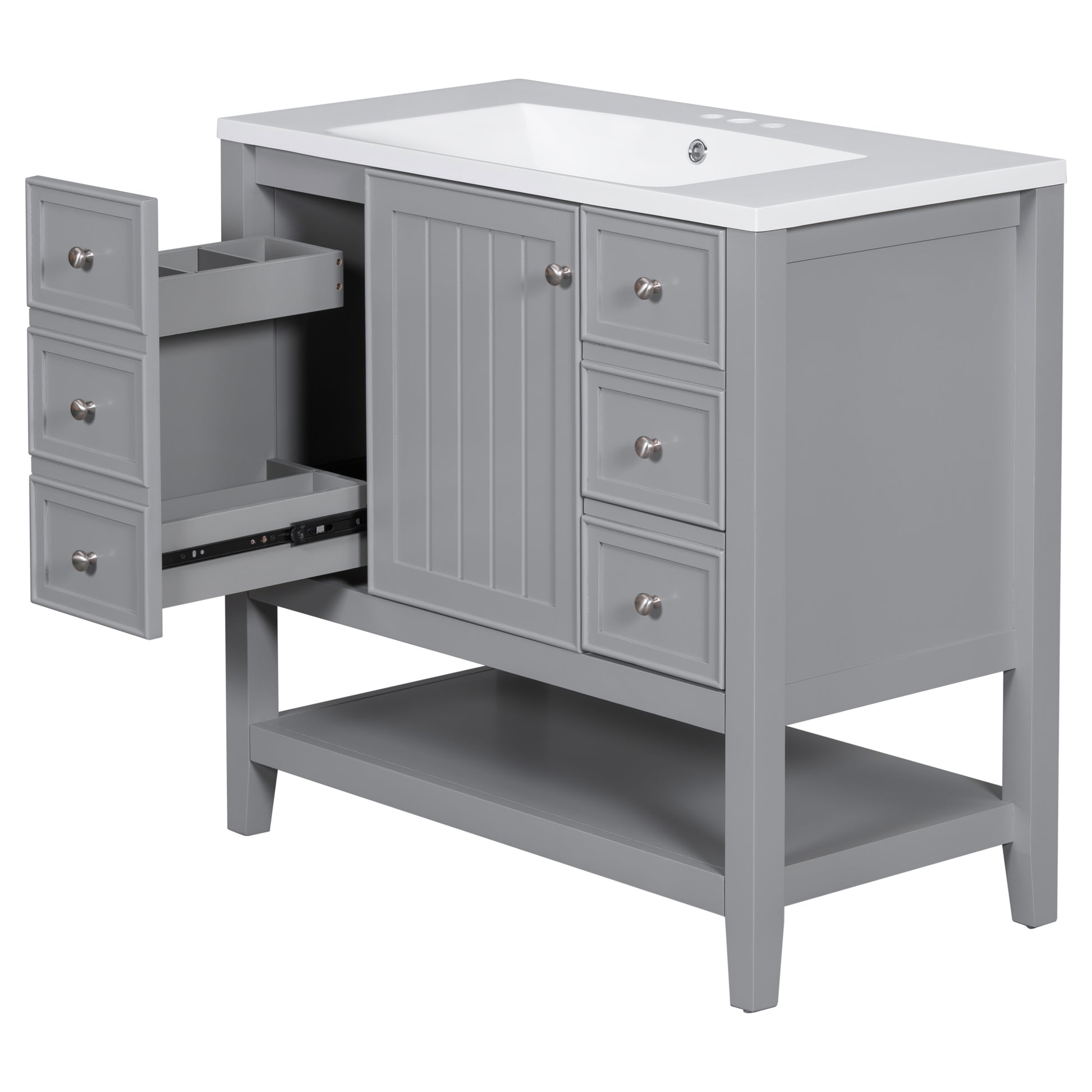 36" Bathroom Vanity With Sink Combo, One Cabinet And Three Drawers, Solid Wood And Mdf Board, Grey Grey Solid Wood Mdf