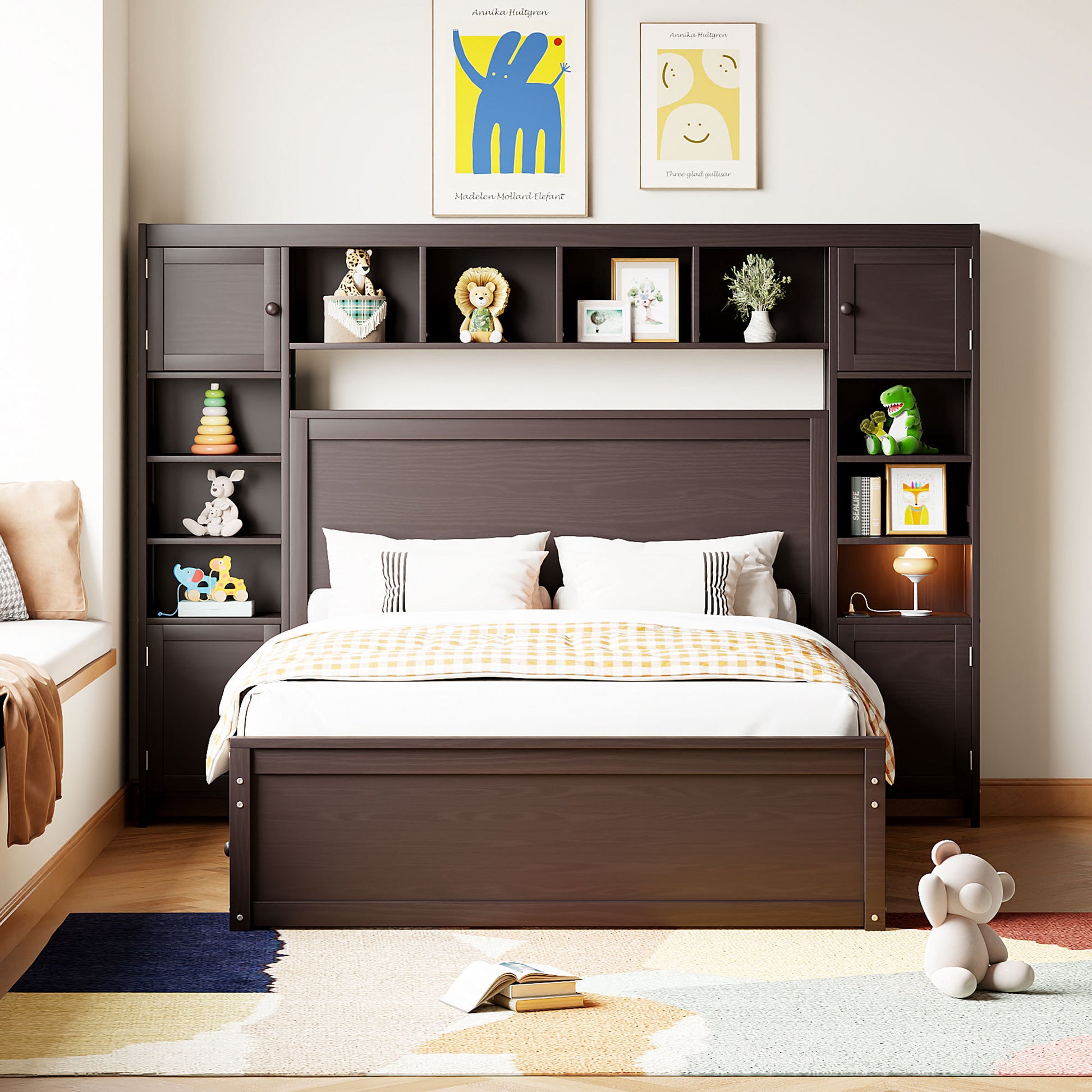 Full Size Wooden Bed With All In One Cabinet, Shelf And Sockets,Twin Size Trundle, Espresso Full Espresso Solid Wood