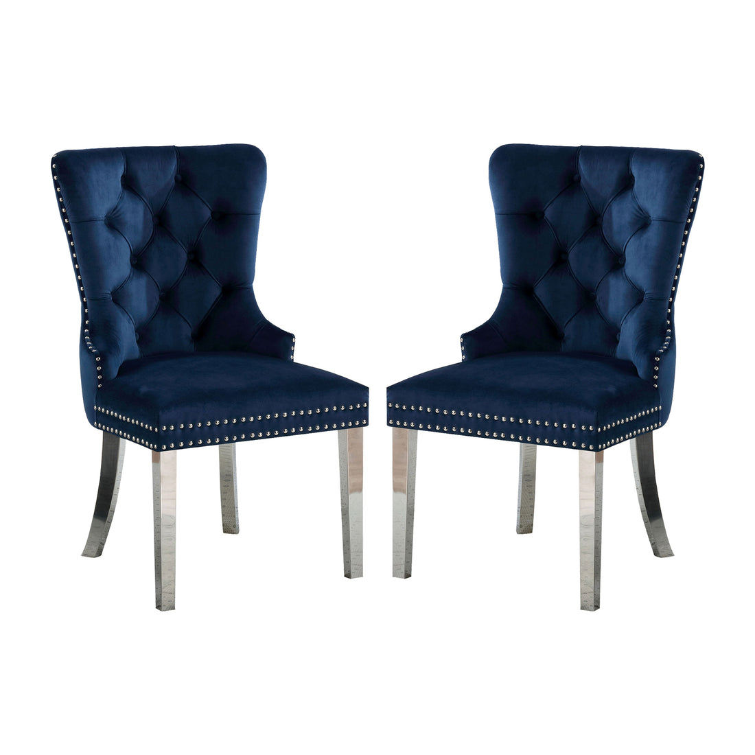 Set Of 2 Wingback Dining Chairs With Button Tufted Back In Blue And Chrome Solid Blue Fabric