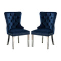 Set Of 2 Wingback Dining Chairs With Button Tufted Back In Blue And Chrome Solid Blue Fabric