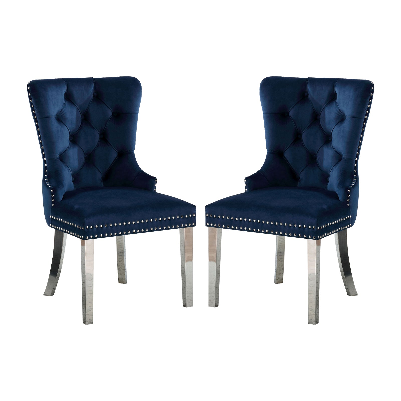 Set Of 2 Wingback Dining Chairs With Button Tufted Back In Blue And Chrome Solid Blue Fabric