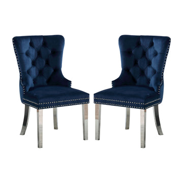 Set Of 2 Wingback Dining Chairs With Button Tufted Back In Blue And Chrome Solid Blue Fabric