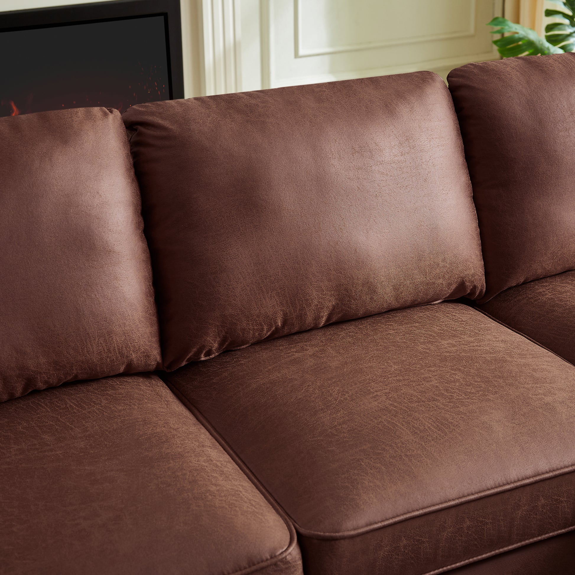 82.2"L Shape Sofa Couch With Chais Mid Century Copper Nail On Arms,Strong Wooden Leg And Suede Fabric Design That Will Complement Any Living Space.Left Chaise,Dark Brown Dark Brown Tech Cloth
