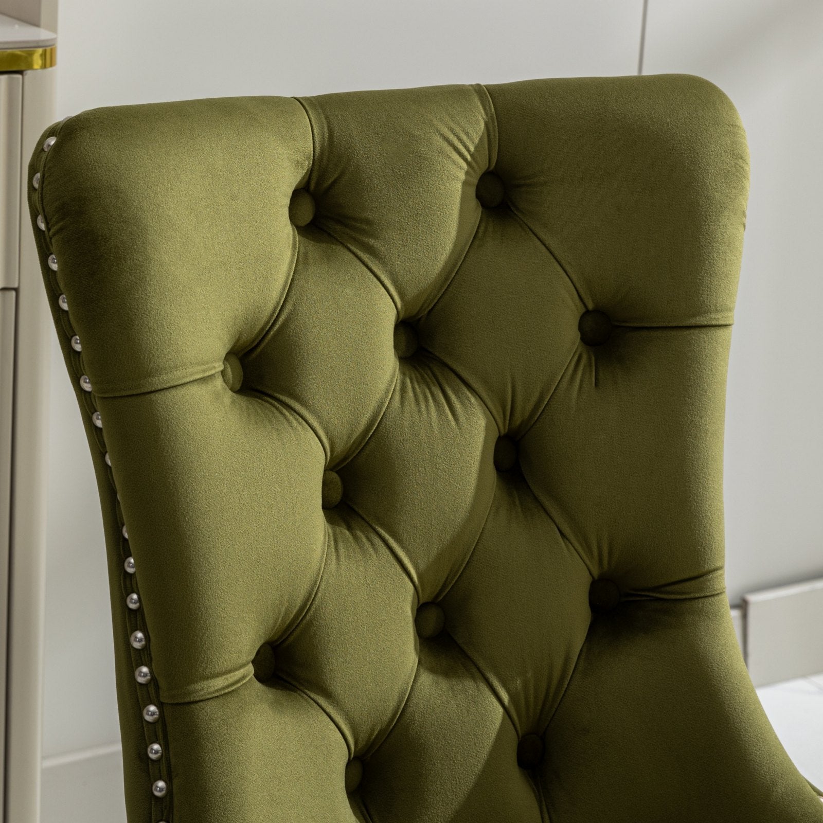 Nikki Collection Modern, High End Tufted Solid Wood Contemporary Velvet Upholstered Dining Chair With Chrome Stainless Steel Plating Legs,Nailhead Trim,Set Of 2,Olive Green And Chrome, Sw1701Ol Olive Green Dining Room American Design Rubberwood Foam