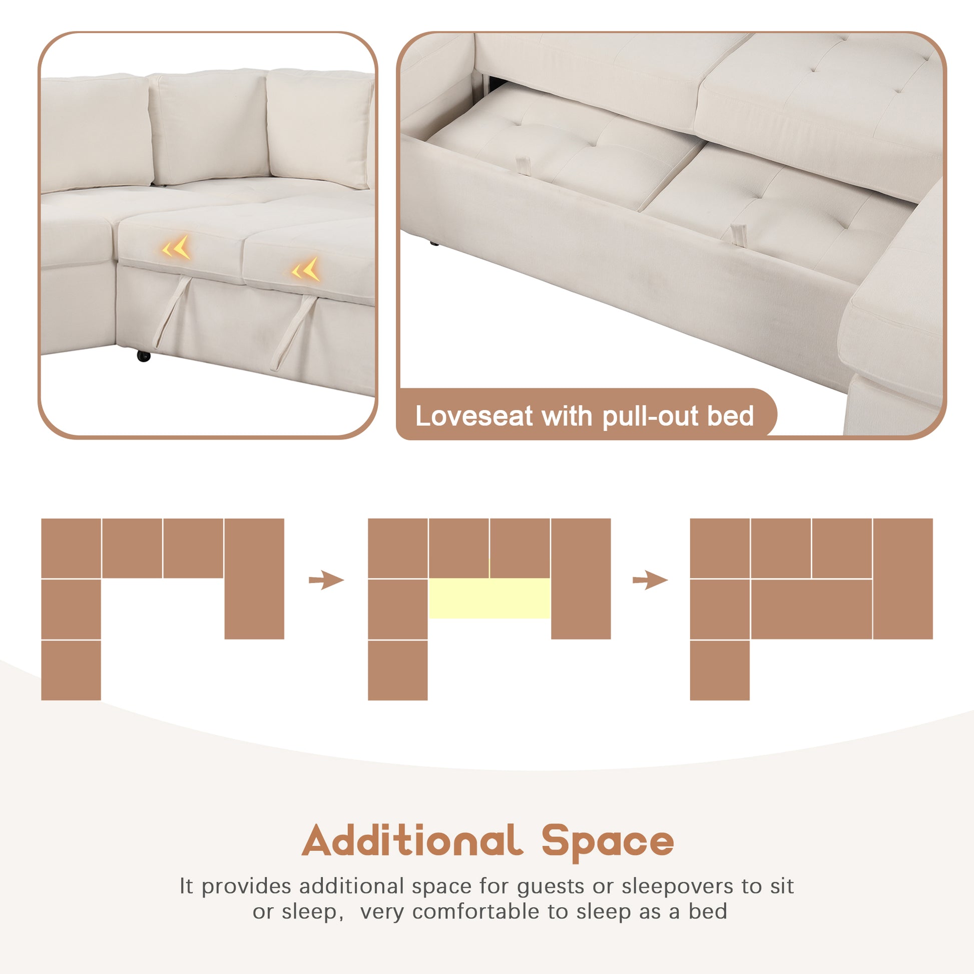 Sectional Sleeper Sofa With Pull Out Bed And Lounge Chair, Usb And Type C Interfaces, Suitable For Living Room, Office, And Spacious Spaces Beige Polyester