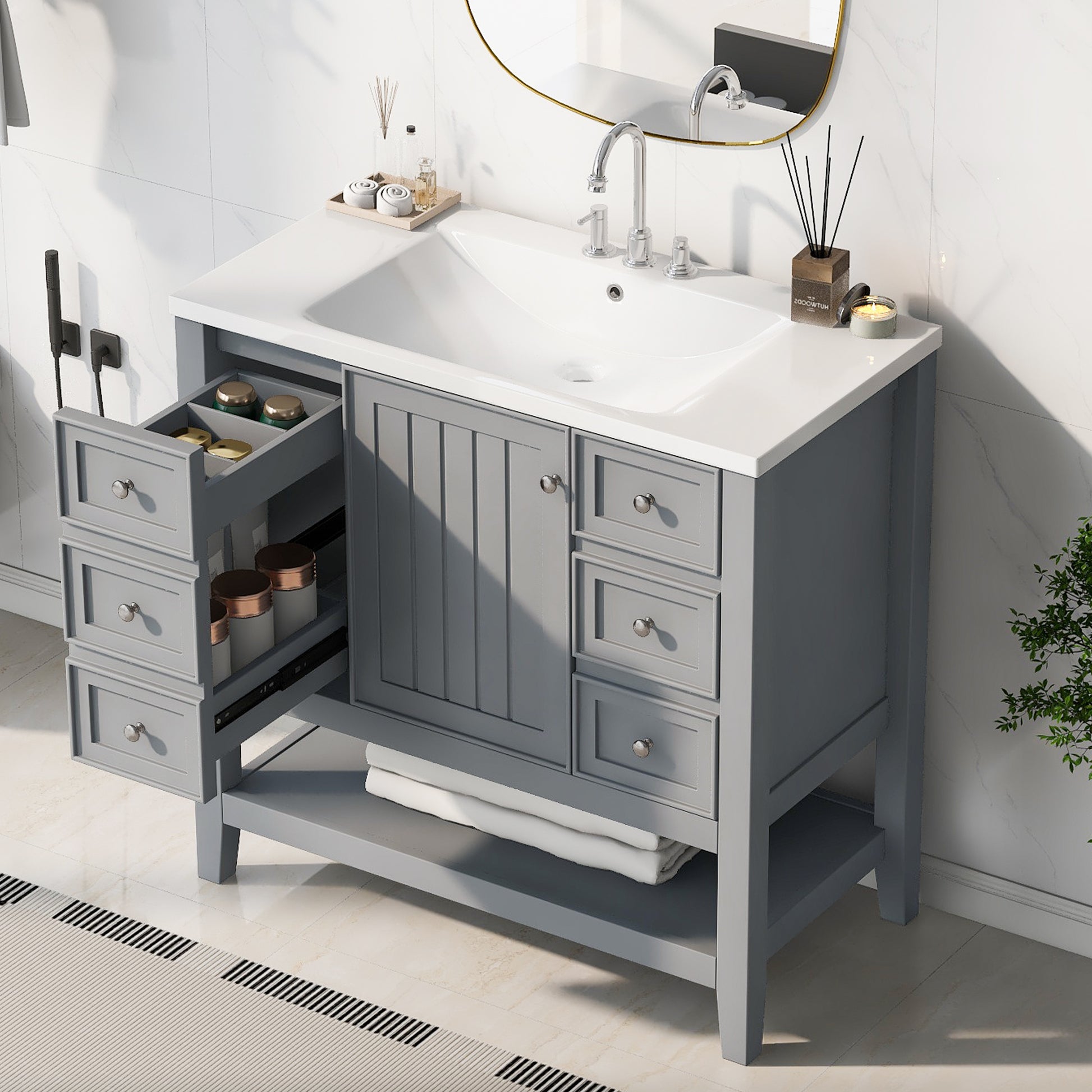 36" Bathroom Vanity With Sink Combo, One Cabinet And Three Drawers, Solid Wood And Mdf Board, Grey Old Sku:Sy999505Aae Grey Solid Wood Mdf