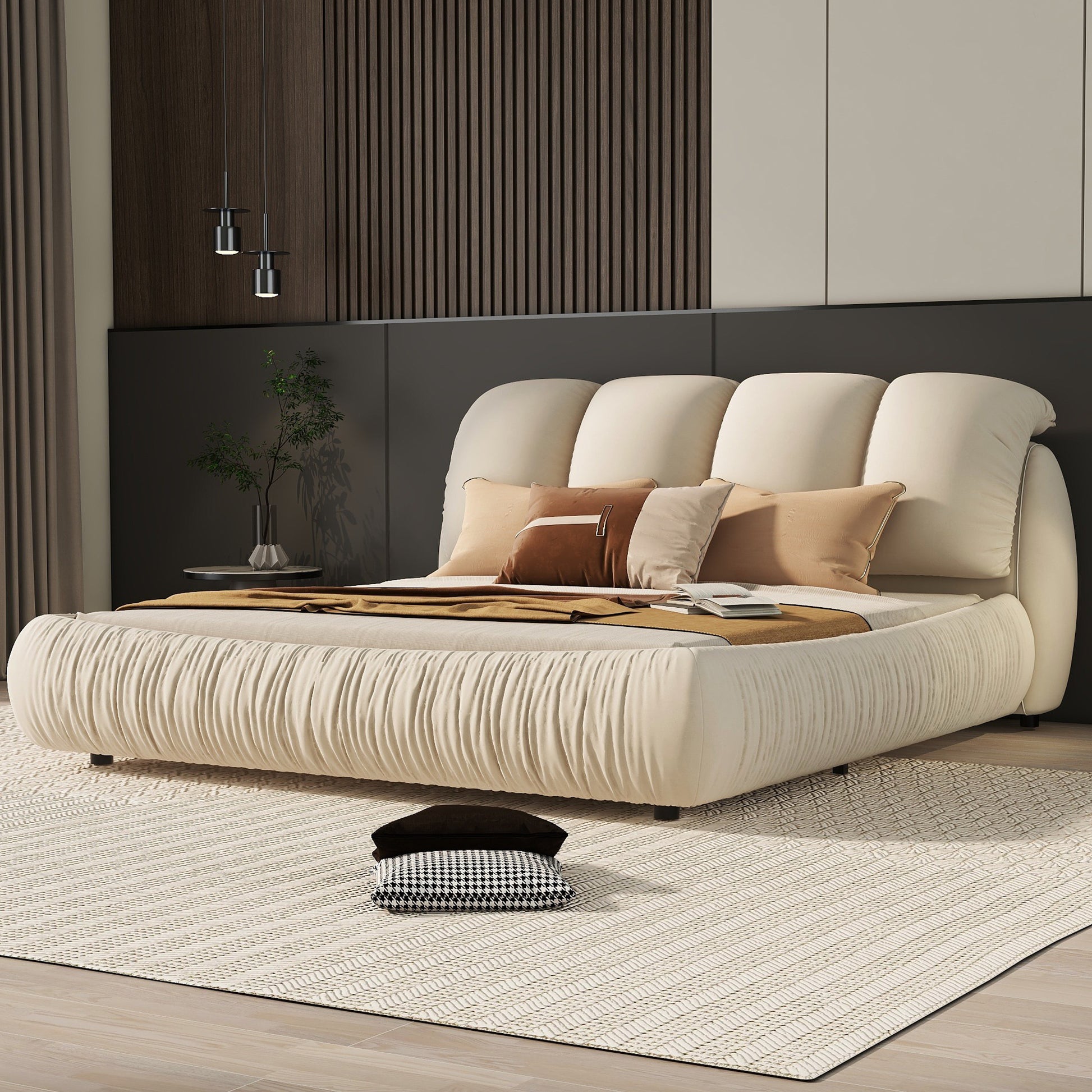 Queen Size Luxury Upholstered Bed With Thick Headboard, Velvet Queen Bed With Oversized Padded Backrest, Beige Expect Arrival Date 2024 4 9 Queen Beige Velvet