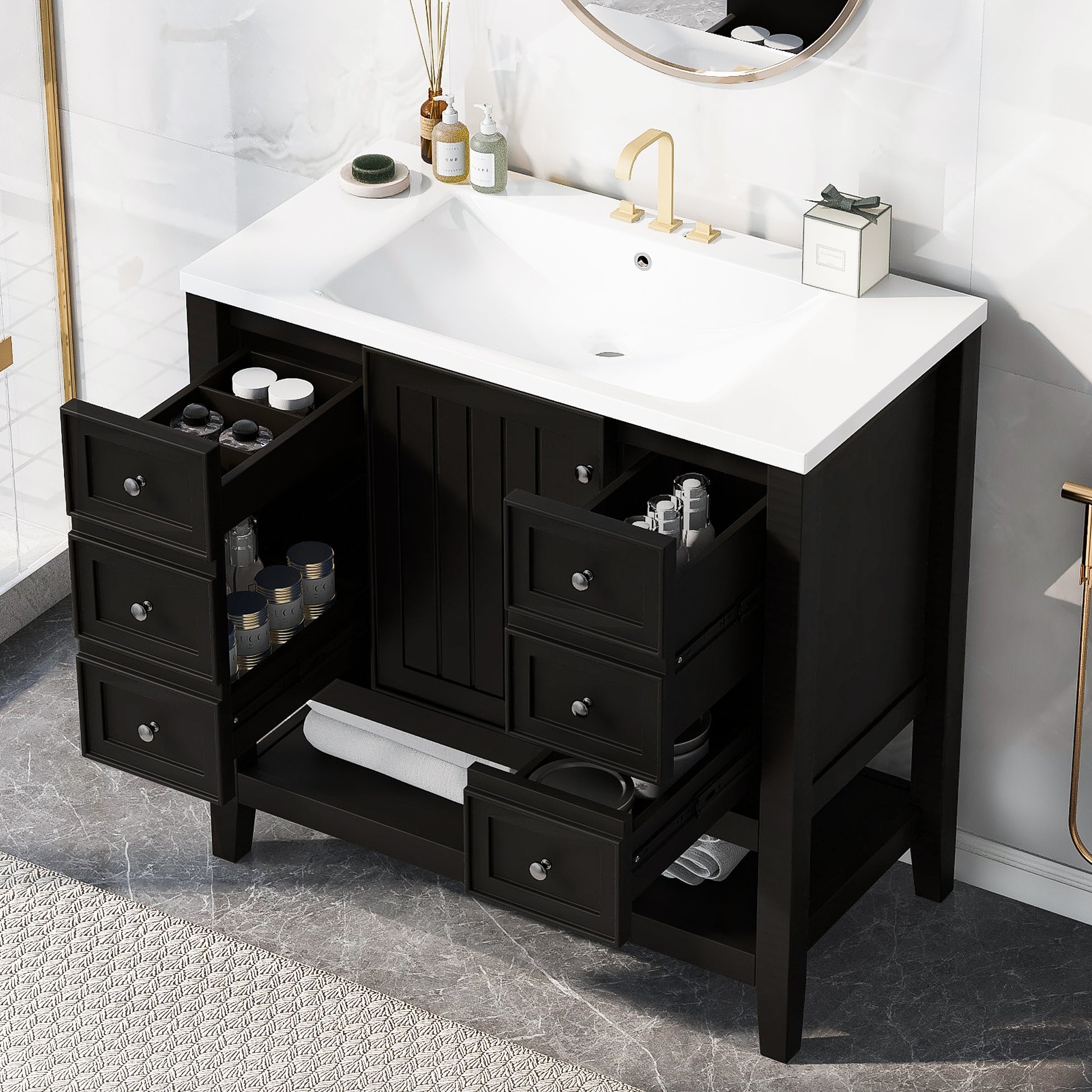 36" Bathroom Vanity With Sink Combo, One Cabinet And Three Drawers, Solid Wood And Mdf Board, Black Black Solid Wood Mdf