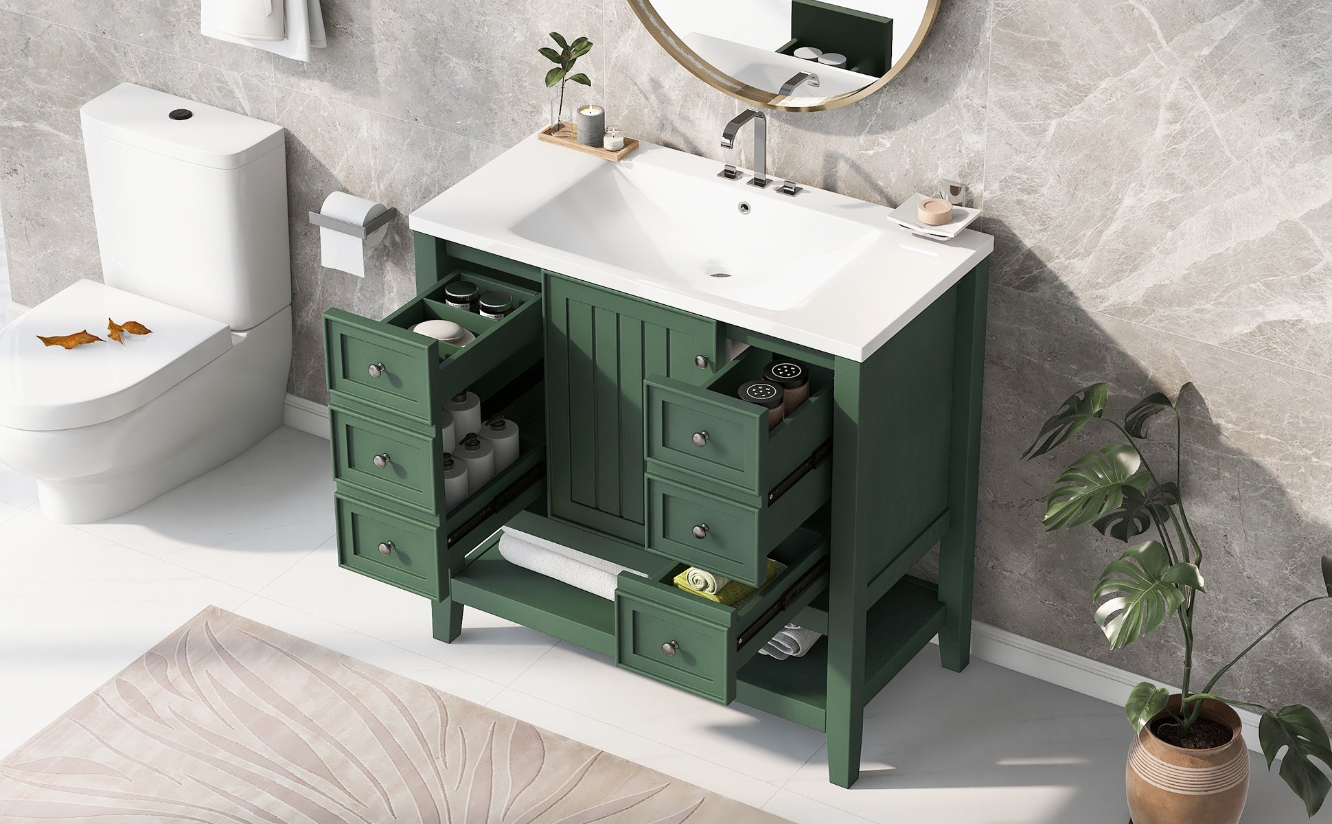 36" Bathroom Vanity With Sink Combo, One Cabinet And Three Drawers, Solid Wood And Mdf Board, Green Green Solid Wood Mdf