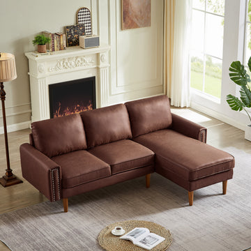 82.2"L Shape Sofa Couch With Chais Mid Century Copper Nail On Arms,Strong Wooden Leg And Suede Fabric Design That Will Complement Any Living Space.Right Chaise,Dark Brown Dark Brown Tech Cloth