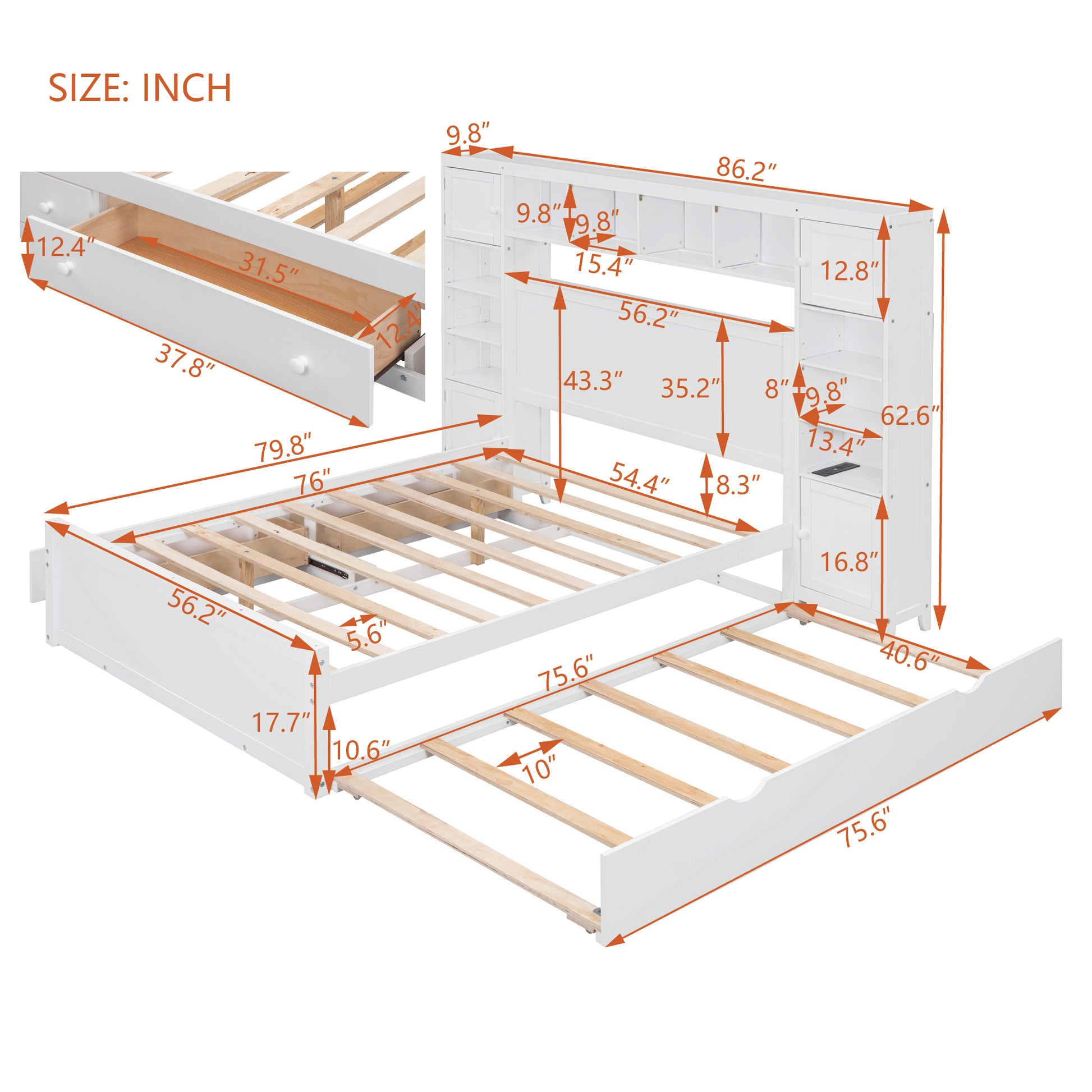 Full Size Wooden Bed With All In One Cabinet, Shelf And Sockets,Twin Size Trundle, White Full White Solid Wood