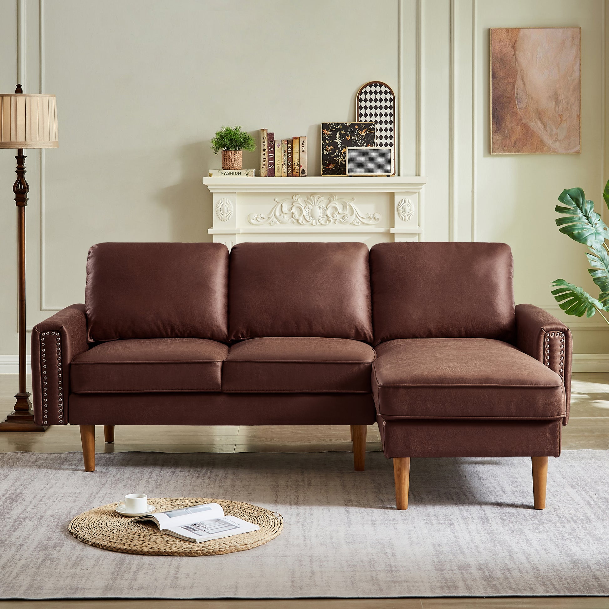 82.2"L Shape Sofa Couch With Chais Mid Century Copper Nail On Arms,Strong Wooden Leg And Suede Fabric Design That Will Complement Any Living Space.Right Chaise,Dark Brown Dark Brown Tech Cloth