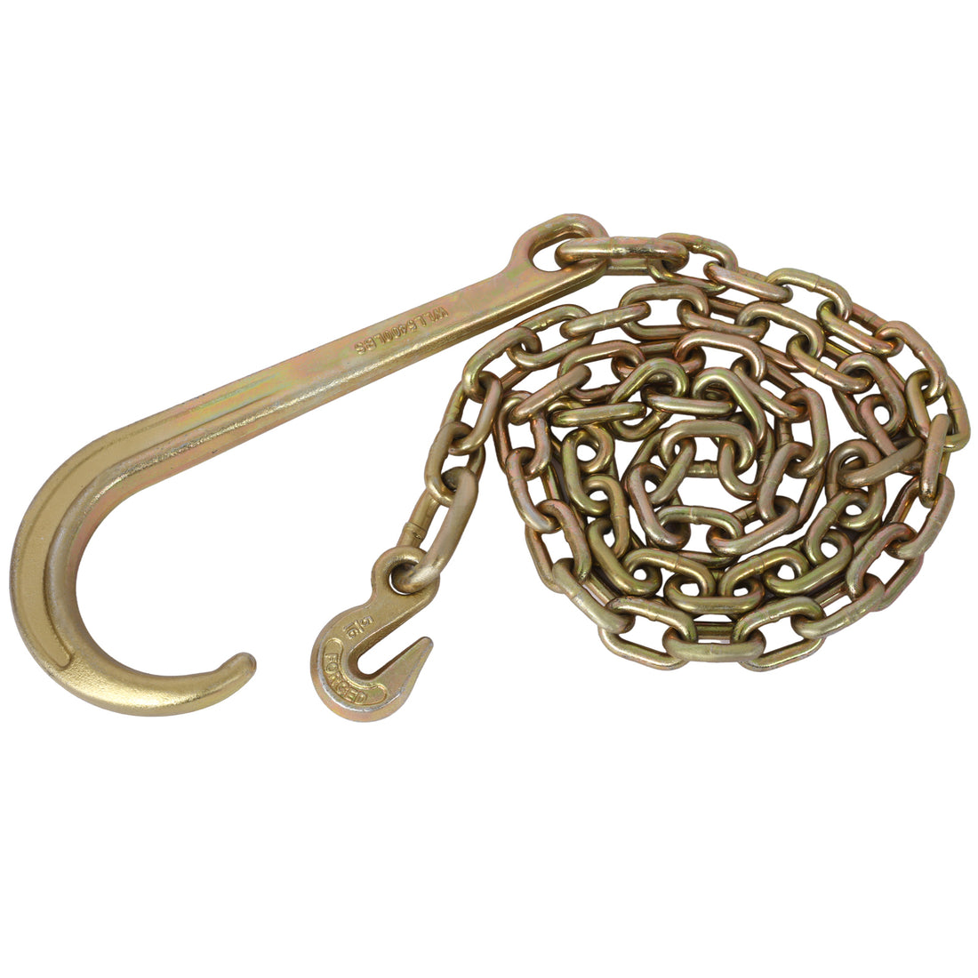 Tow Chain With 15 Inch Forged J Hook And Grab Hook Grade 70 Chain 6 Foot 4,700 Pound Safe Working Load Gold Steel