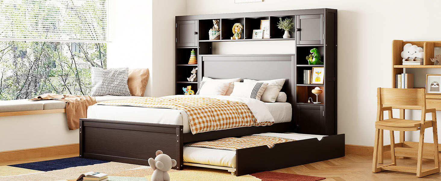 Full Size Wooden Bed With All In One Cabinet, Shelf And Sockets,Twin Size Trundle, Espresso Full Espresso Solid Wood