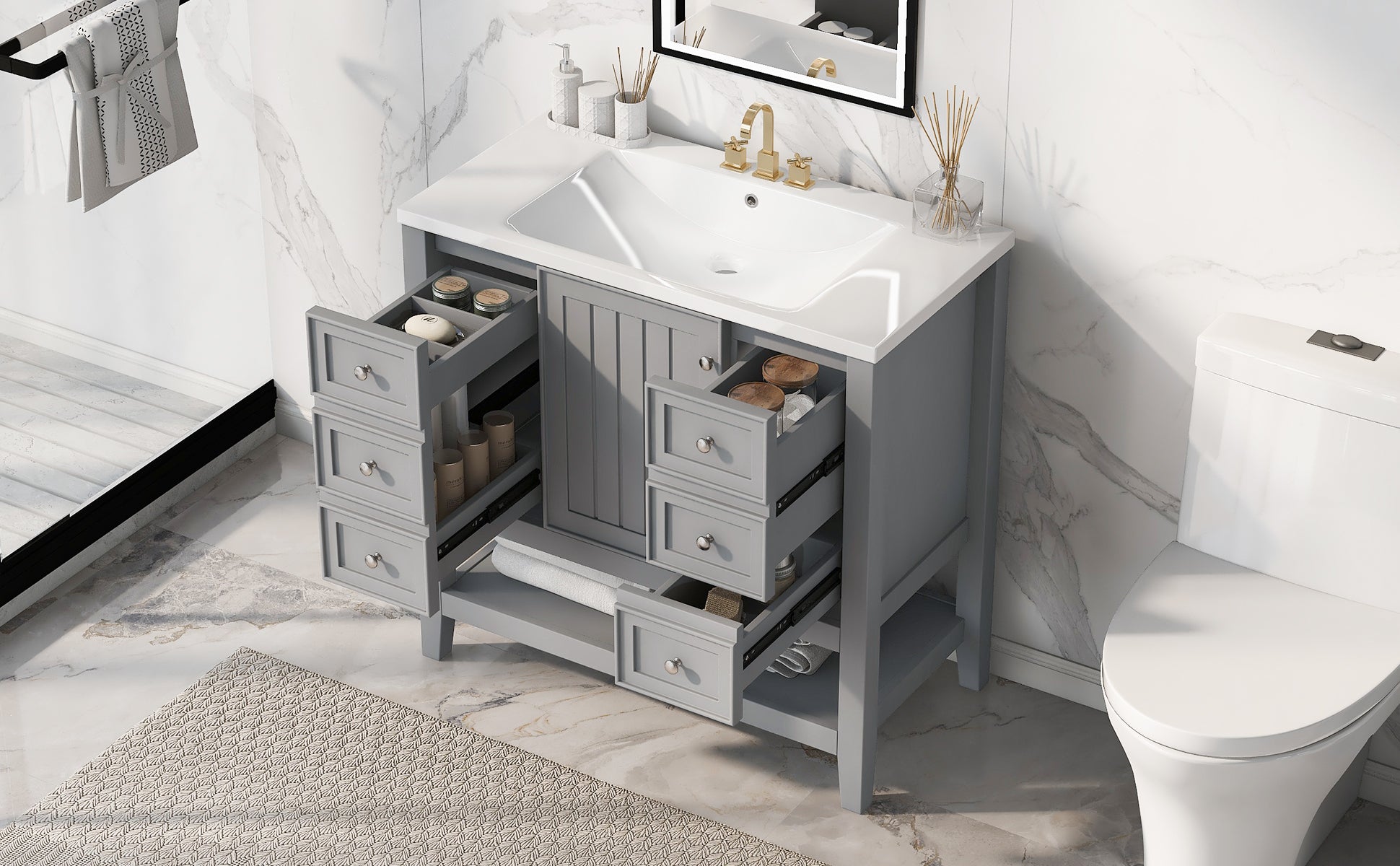 36" Bathroom Vanity With Sink Combo, One Cabinet And Three Drawers, Solid Wood And Mdf Board, Grey Grey Solid Wood Mdf