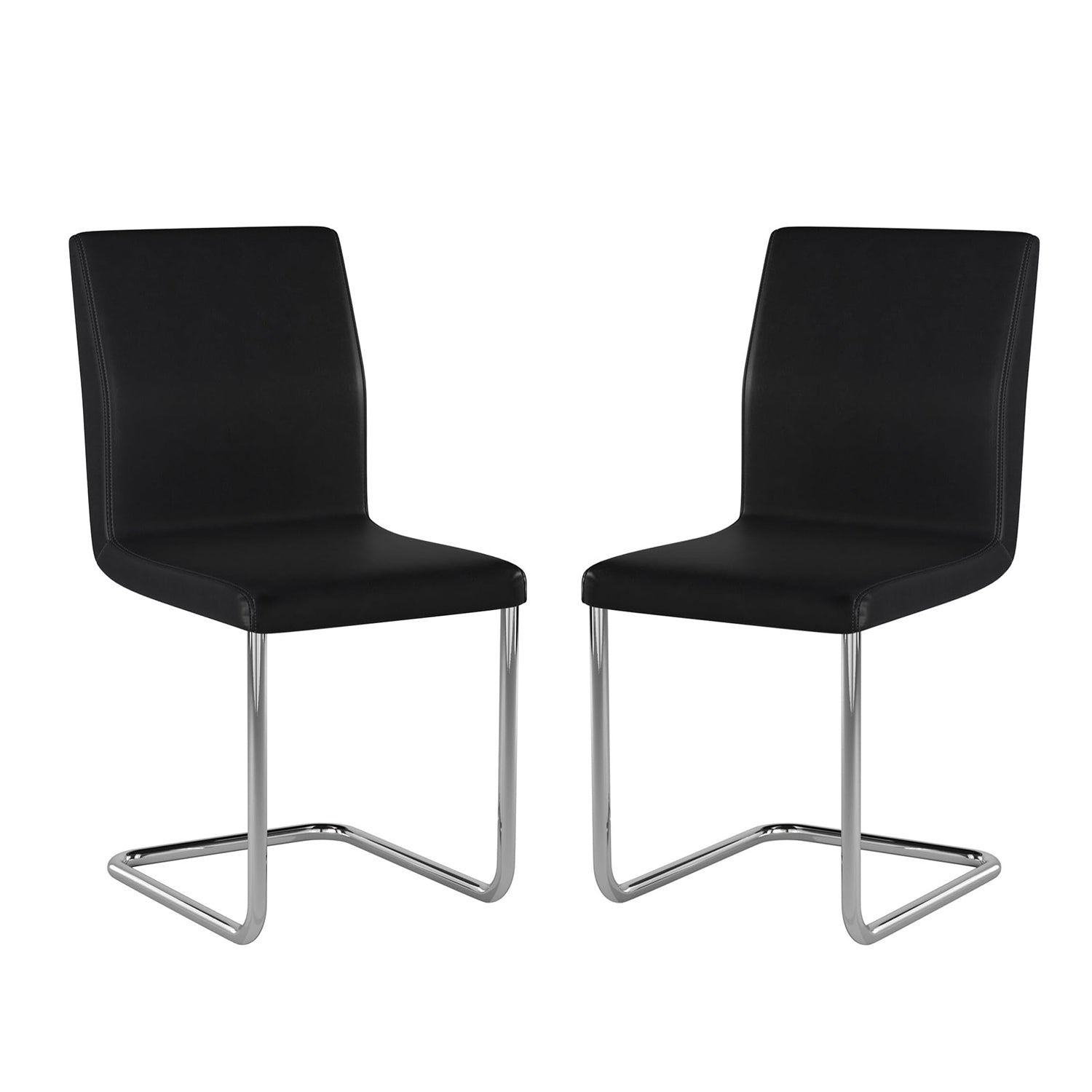 Set Of 2 Paddedside Chairs With L Shape Leg In Black And Chrome Solid Black Dining Room Dining Chairs Faux Leather