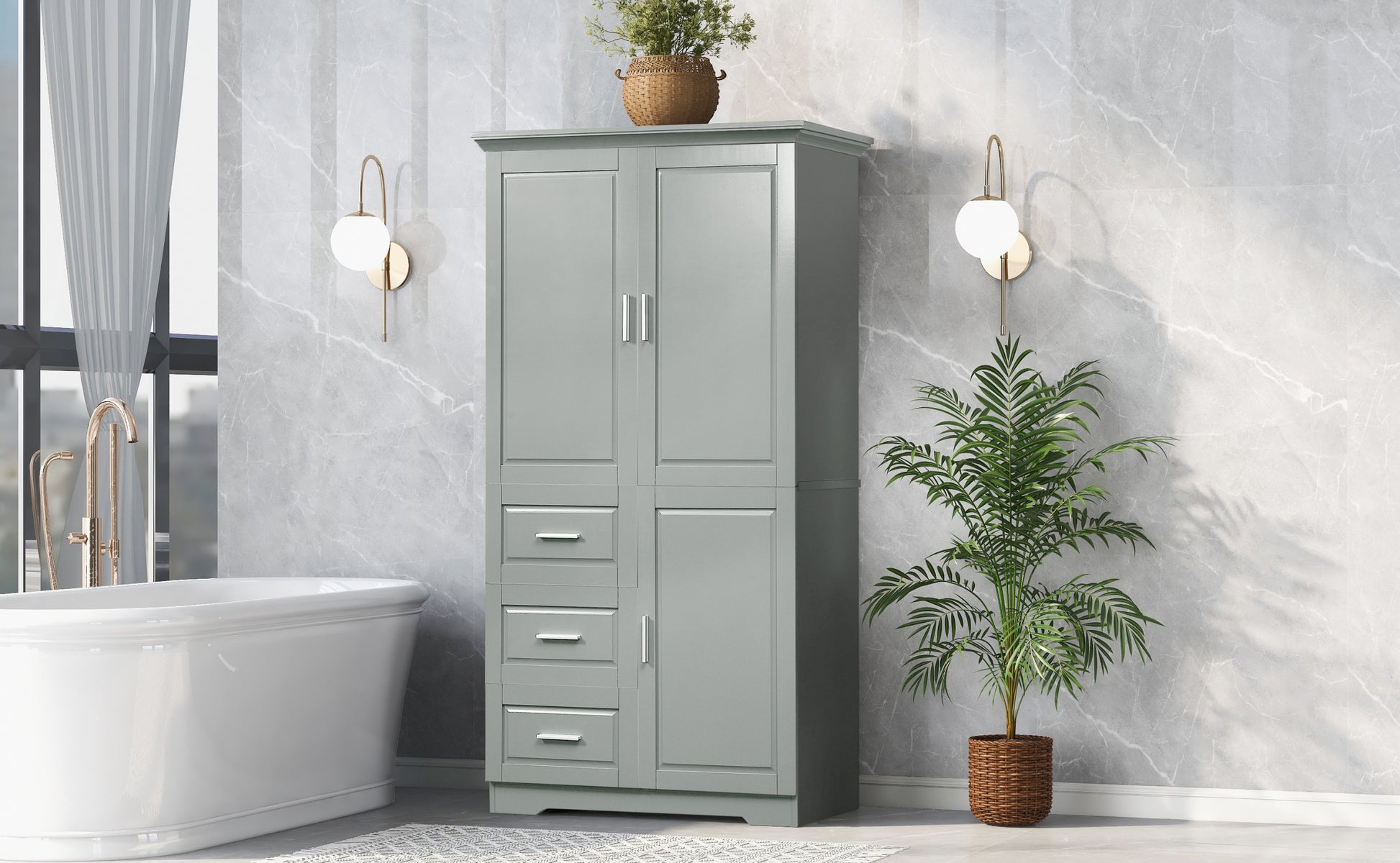 Tall And Wide Storage Cabinet With Doors For Bathroom Office, Three Drawers, Grey Grey Mdf