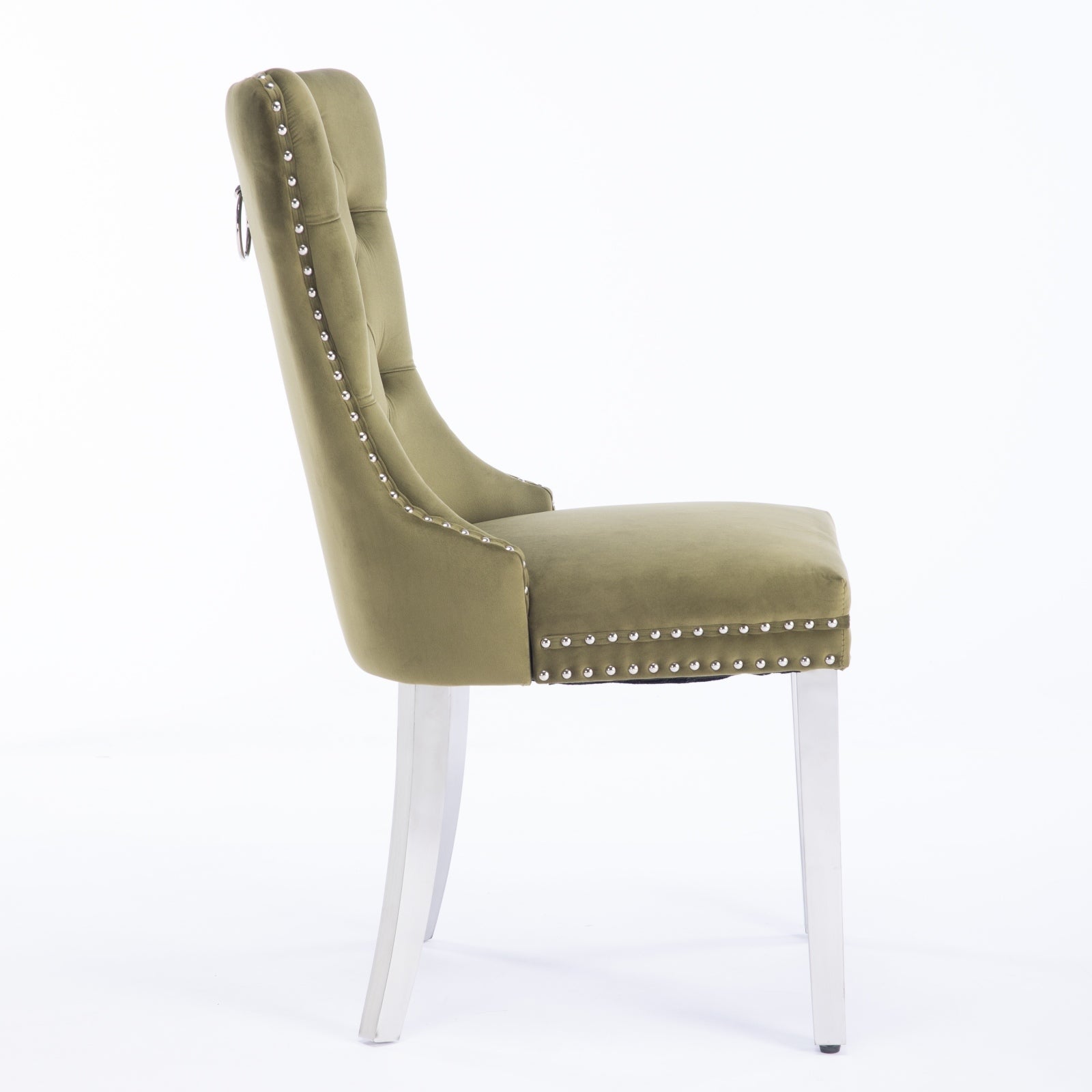 Nikki Collection Modern, High End Tufted Solid Wood Contemporary Velvet Upholstered Dining Chair With Chrome Stainless Steel Plating Legs,Nailhead Trim,Set Of 2,Olive Green And Chrome, Sw1701Ol Olive Green Dining Room American Design Rubberwood Foam