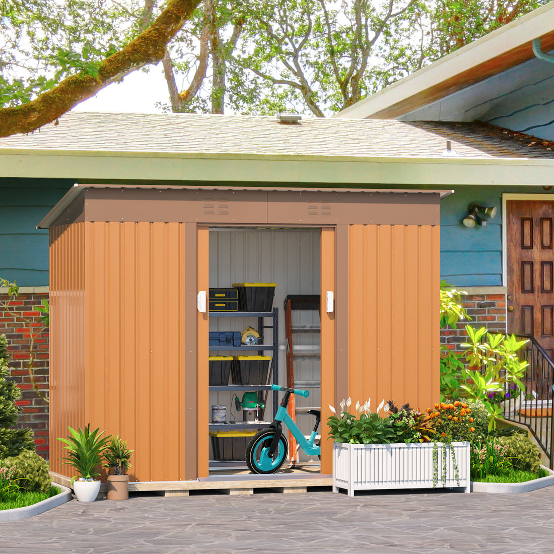 4.2 X 9.1 Ft Outdoor Storage Shed, Metal Tool Shed With Lockable Doors Vents, Utility Garden Shed For Patio Lawn Backyard,Brown Brown Metal