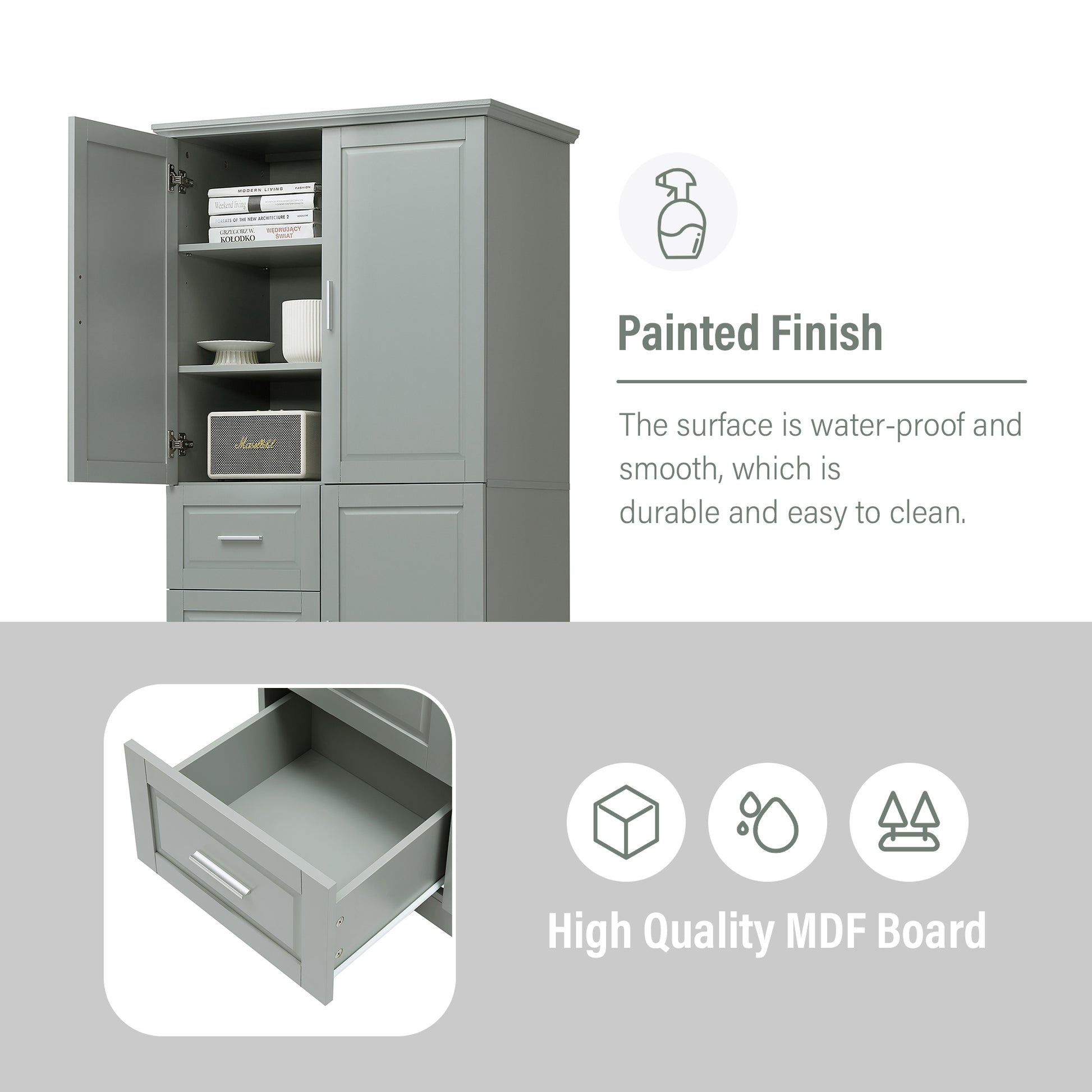 Tall And Wide Storage Cabinet With Doors For Bathroom Office, Three Drawers, Grey Grey Mdf