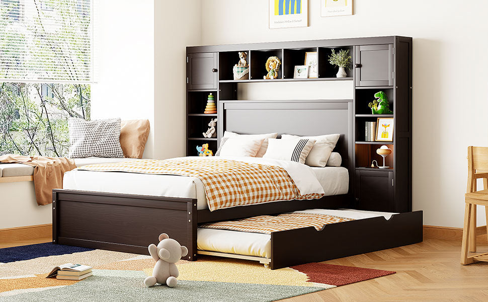 Full Size Wooden Bed With All In One Cabinet, Shelf And Sockets,Twin Size Trundle, Espresso Full Espresso Solid Wood