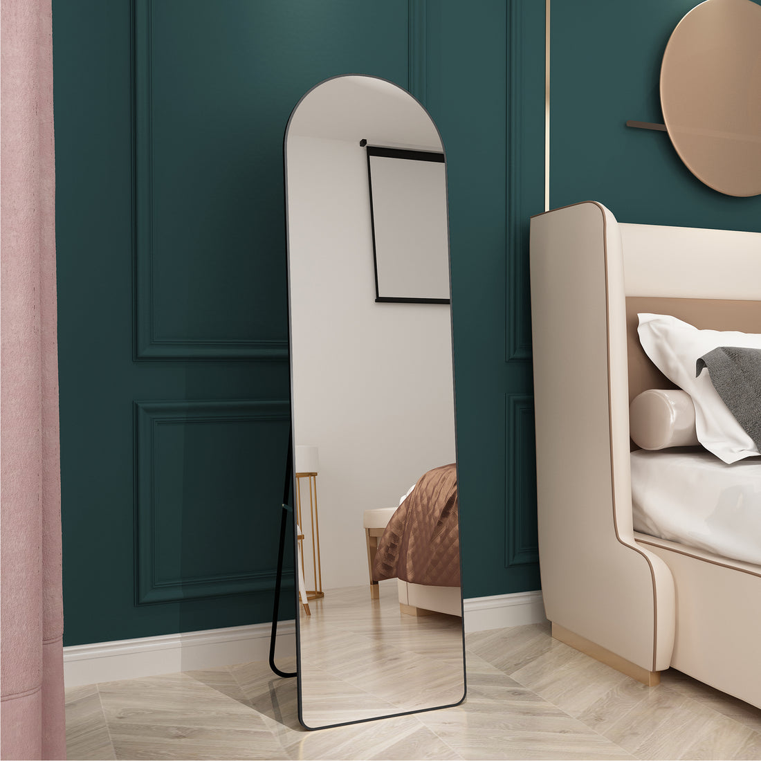 The 4St Generation Of Floor Mounted Full Length Mirrors. Aluminum Alloy Metal Frame Arched Wall Mirror, Bathroom Makeup Mirror, Bedroom Porch, Clothing Store, Wall Mounted.Black 59.8 "*16.5"W115112560 Black Glass