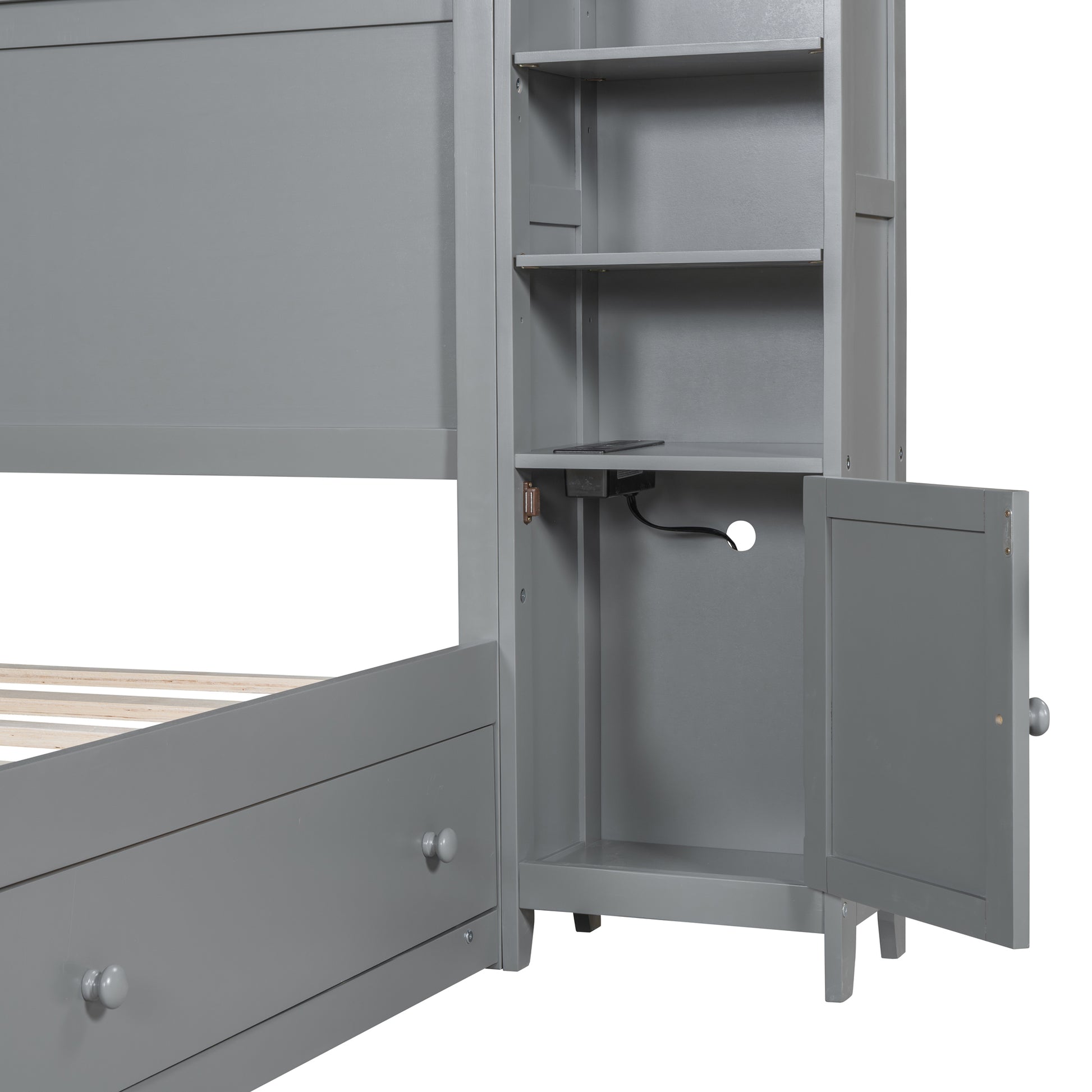Queen Size Wooden Bed With All In One Cabinet, Shelf And Sockets, Gray Gray Solid Wood