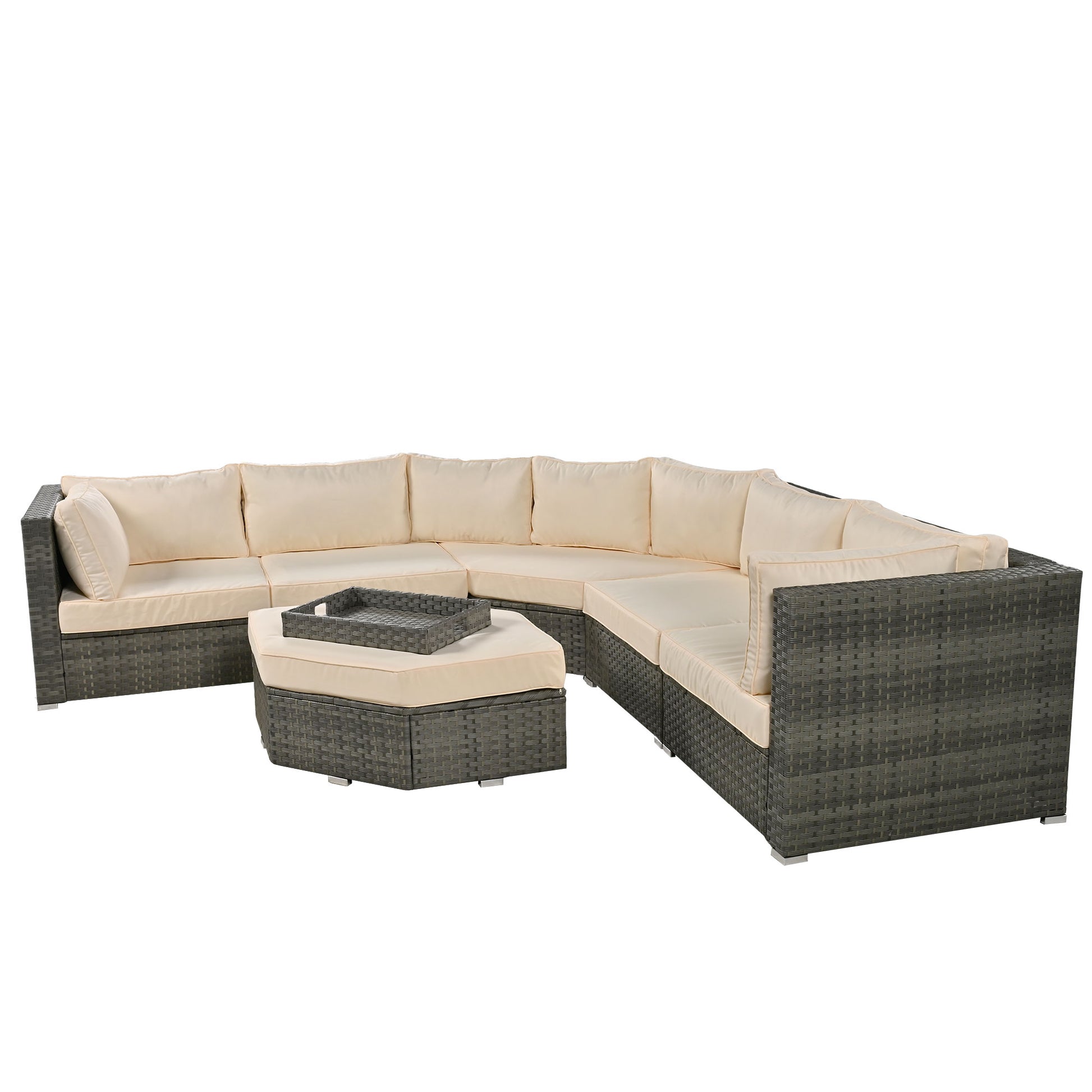 Patio Furniture Set, 6 Piece Outdoor Conversation Set All Weather Wicker Sectional Sofa With Ottoman And Cushions And Small Trays Beige Rattan