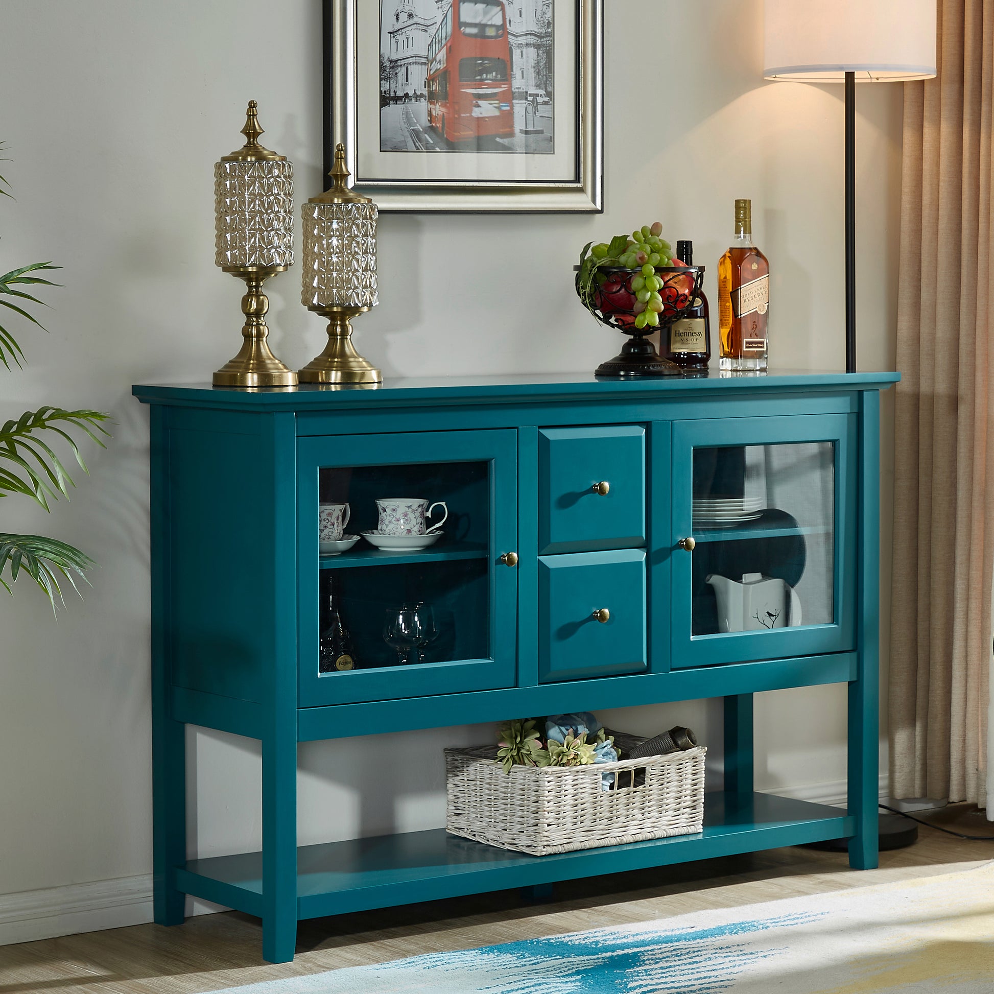 52" Modern Sideboard Storage With Adjustable Shelves, Sideboard Buffet Cabinet With 2 Doors, Credenzas For Dining Room, Living Room, Entryway Teal Dining Room Adjustabel Shelves Mdf Glass