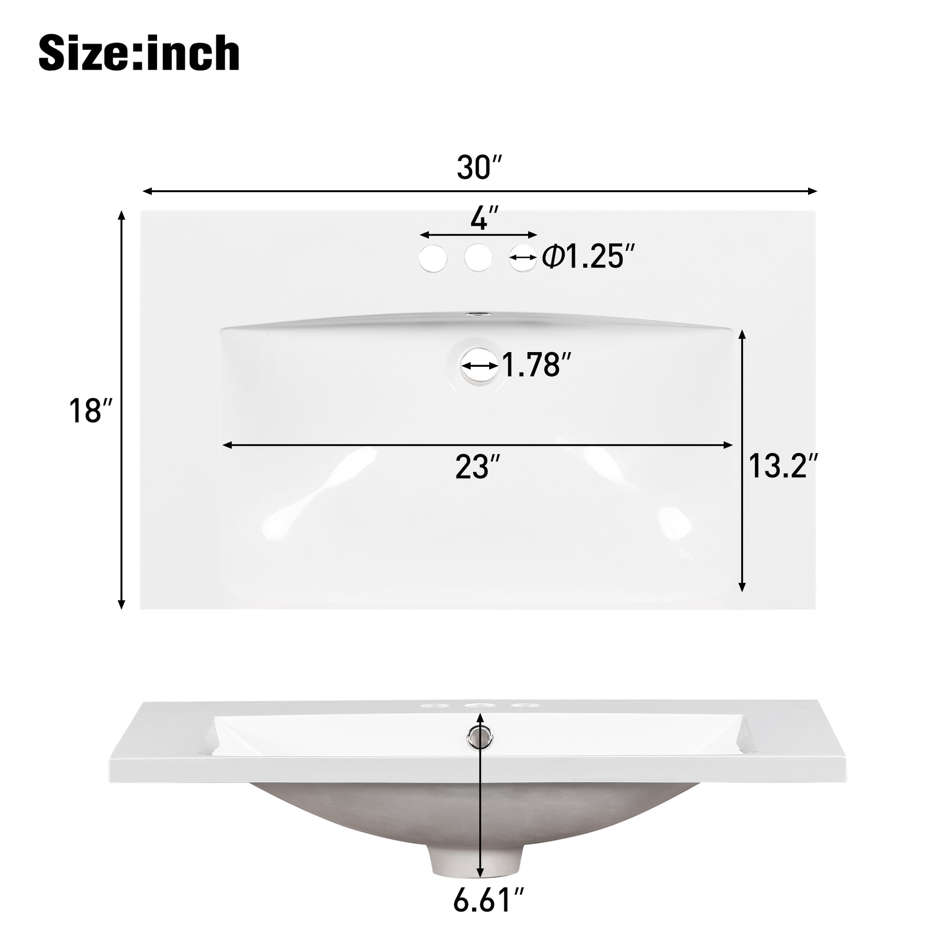 30" Single Bathroom Basin Sink, Vanity Top Only, 3 Faucet Holes, Resin White Bathroom Resin