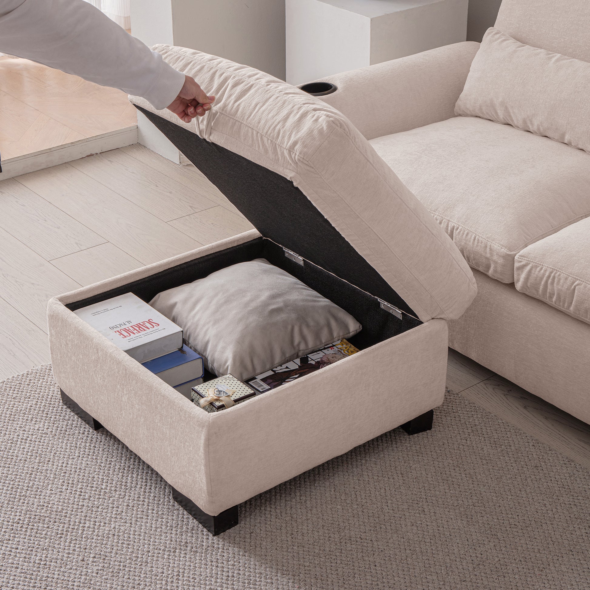 114.5"Modern Modular L Shaped Chenille Sofa Couch Reversible Ottoman With Storage Removable And Washable Cushions Sofa With Usb Ports & Cup Holder For Living Room Beige Modern Foam Chenille