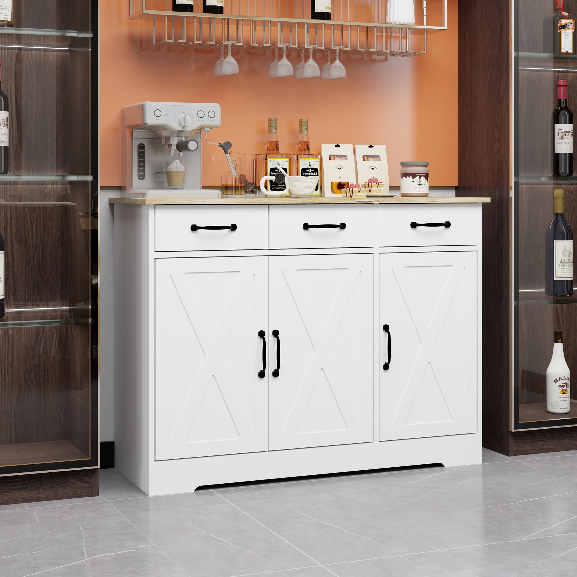 Farmhouse Buffet Cabinet Storage Sideboard With 3 Drawers And 3 Doors For Dining Living Room Kitchen Cupboard White White Mdf