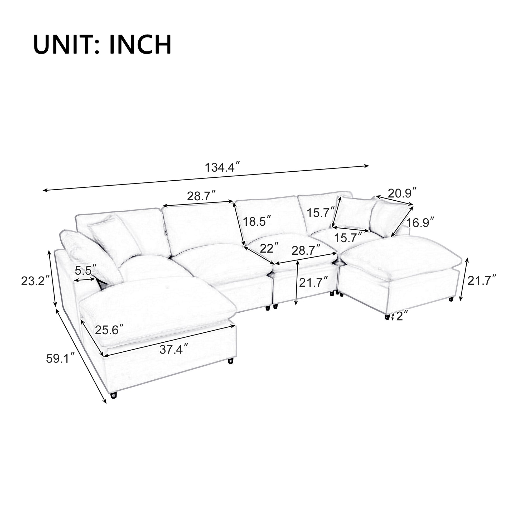Modern Large U Shape Sectional Sofa, 2 Large Chaise With Removable Ottomans For Living Room Grey Polyester Primary Living Space Pillow Back American Design Polyester 6 Seat