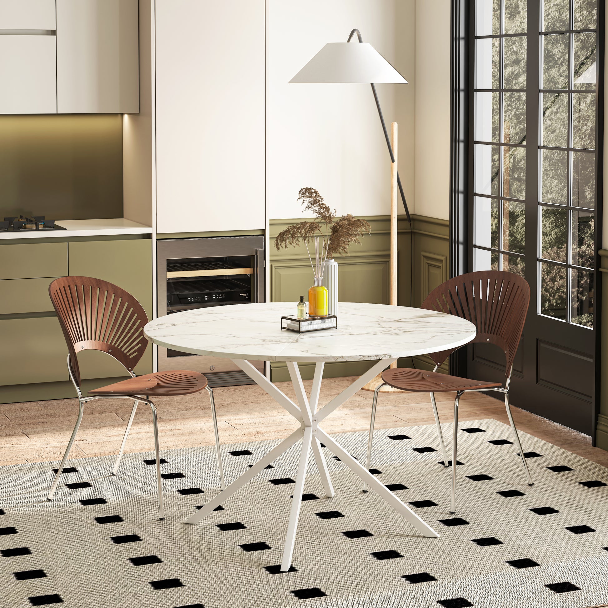 47.24'' Modern Cross Leg Round Dining Table, White Marble Top Occasional Table, Two Piece Removable Top, Matte Finish Iron Legs White Mdf Metal