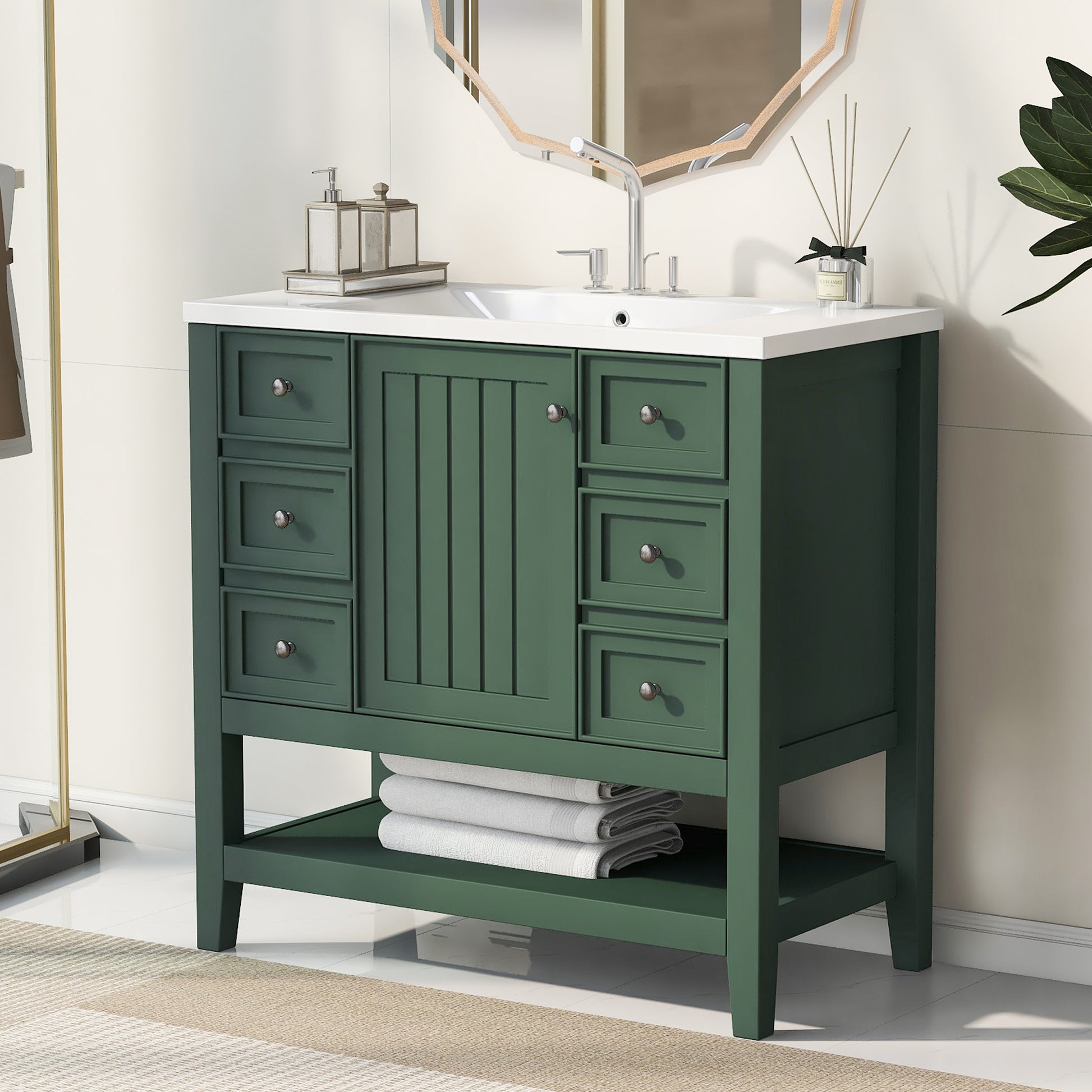 36" Bathroom Vanity With Sink Combo, One Cabinet And Three Drawers, Solid Wood And Mdf Board, Green Green Solid Wood Mdf