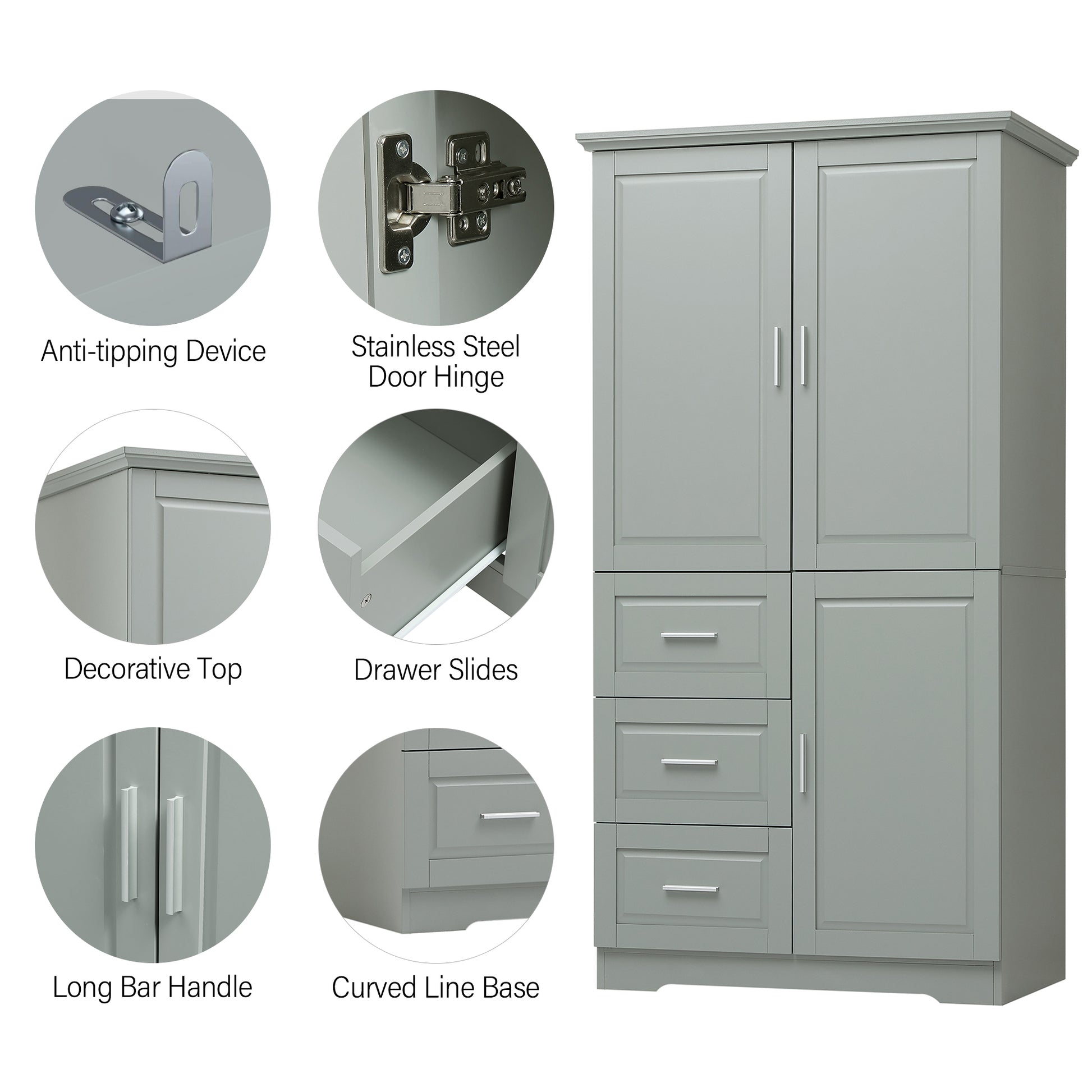 Tall And Wide Storage Cabinet With Doors For Bathroom Office, Three Drawers, Grey Grey Mdf