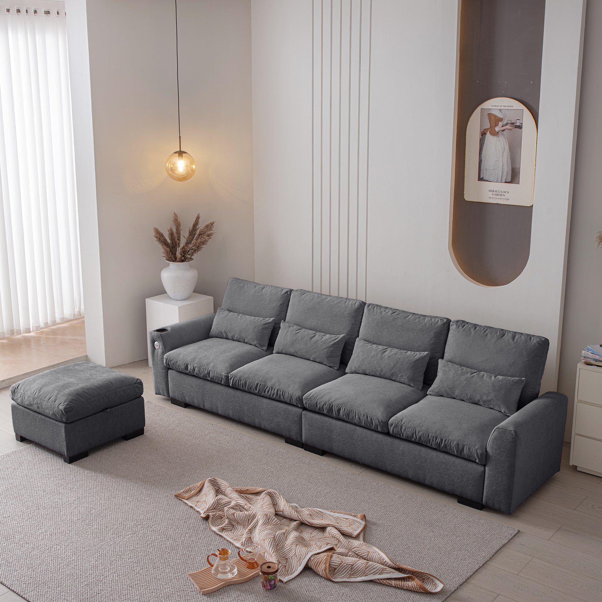 114.5"Modern Modular L Shaped Chenille Sofa Couch Reversible Ottoman With Storage Removable And Washable Cushions Sofa With Usb Ports & Cup Holder For Living Room Dark Grey Modern Foam Chenille