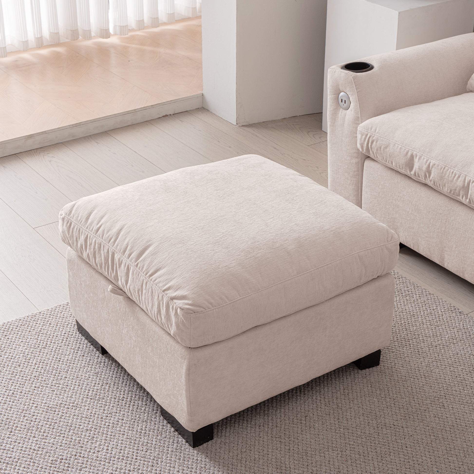 114.5"Modern Modular L Shaped Chenille Sofa Couch Reversible Ottoman With Storage Removable And Washable Cushions Sofa With Usb Ports & Cup Holder For Living Room Beige Modern Foam Chenille