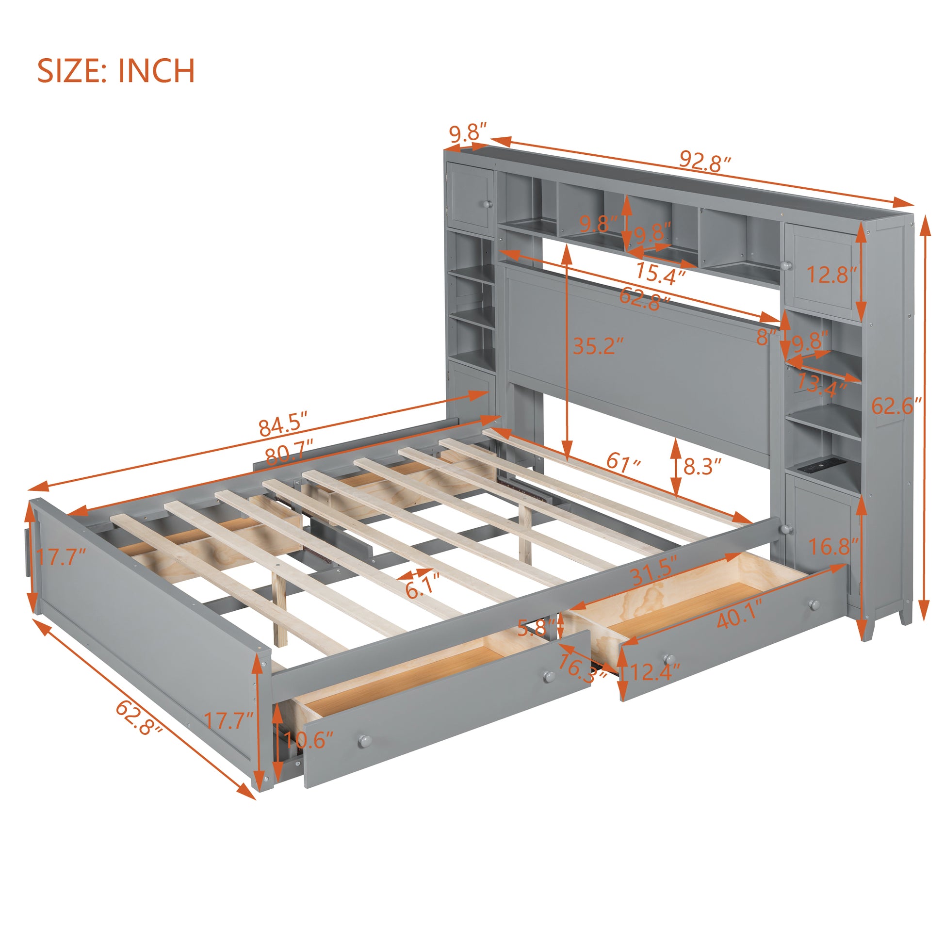 Queen Size Wooden Bed With All In One Cabinet, Shelf And Sockets, Gray Gray Solid Wood