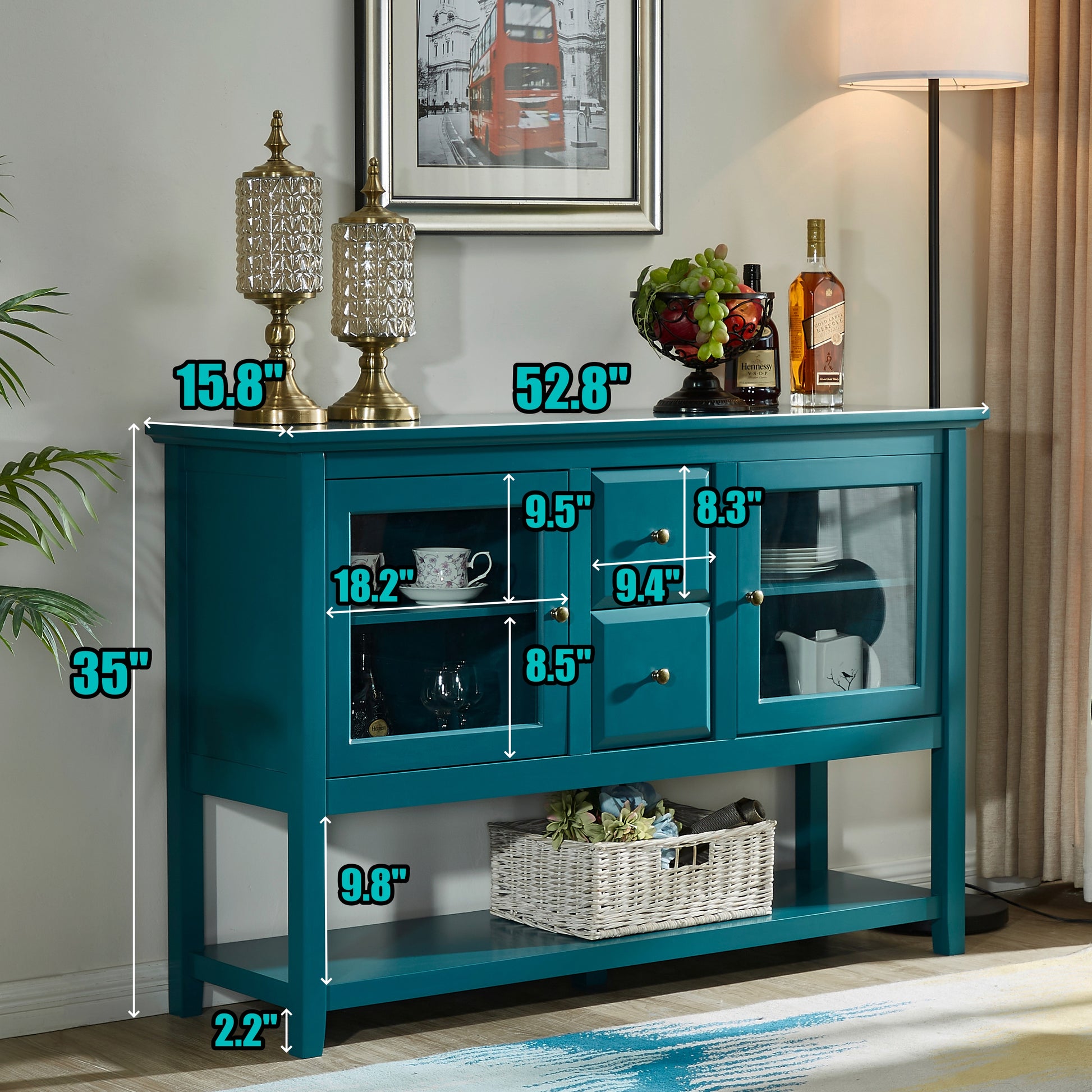 52" Modern Sideboard Storage With Adjustable Shelves, Sideboard Buffet Cabinet With 2 Doors, Credenzas For Dining Room, Living Room, Entryway Teal Dining Room Adjustabel Shelves Mdf Glass