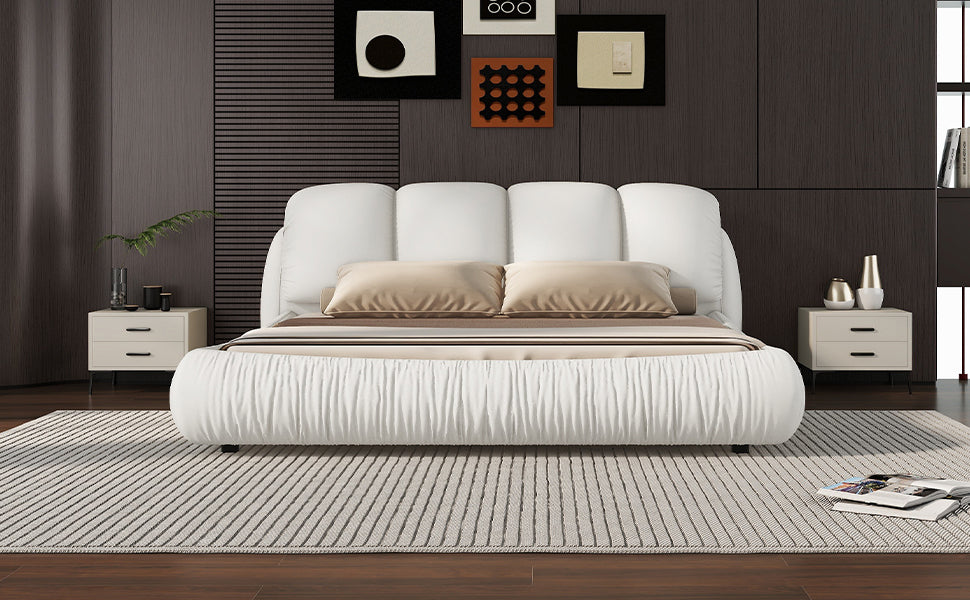 Queen Size Luxury Upholstered Bed With Thick Headboard, Leather Queen Bed With Oversized Padded Backrest, White Expect Arrival Date 2024 3 27 Queen White Pu Leather