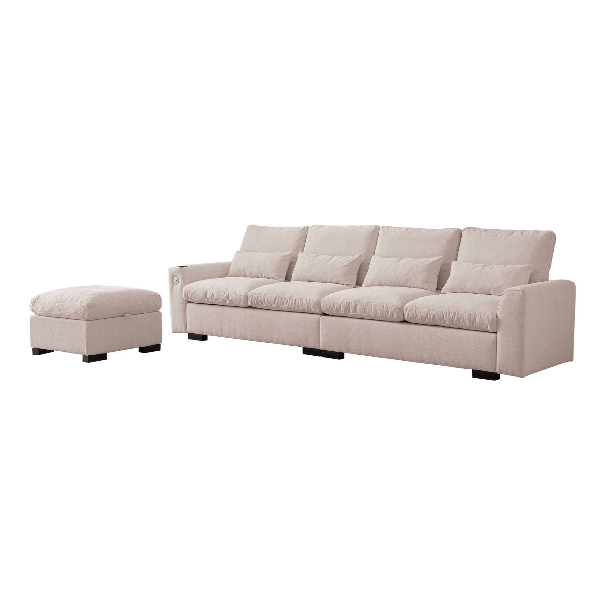 114.5"Modern Modular L Shaped Chenille Sofa Couch Reversible Ottoman With Storage Removable And Washable Cushions Sofa With Usb Ports & Cup Holder For Living Room Beige Modern Foam Chenille