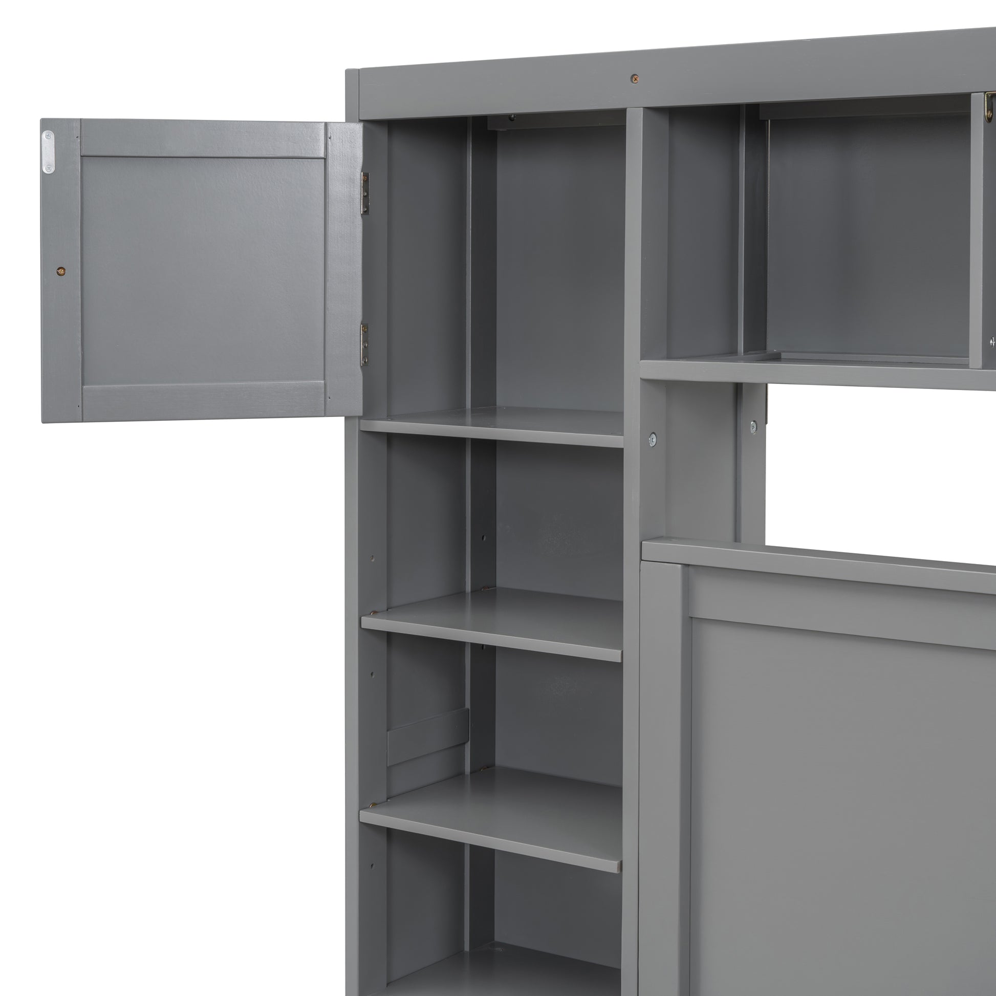 Full Size Wooden Bed With All In One Cabinet, Shelf And Sockets,Twin Size Trundle, Gray Full Gray Solid Wood