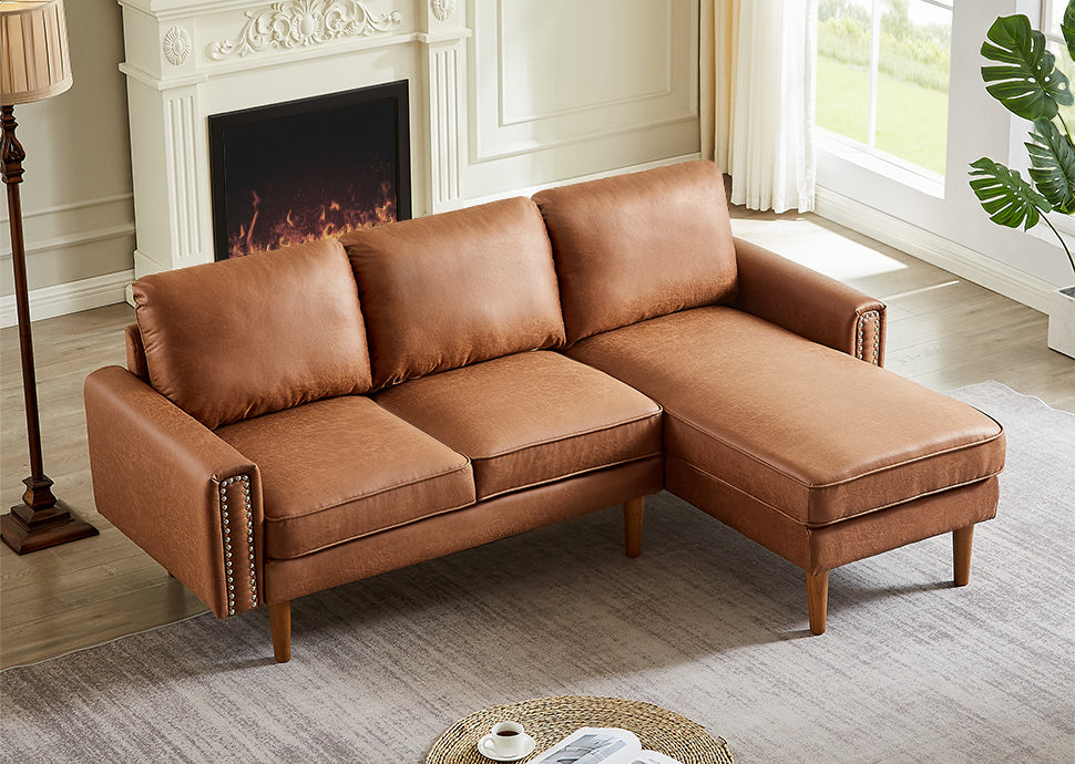 82.2"L Shape Sofa Couch With Chais Mid Century Copper Nail On Arms,Strong Wooden Leg And Suede Fabric Design That Will Complement Any Living Space.Right Chaise, Brown Brown Tech Cloth