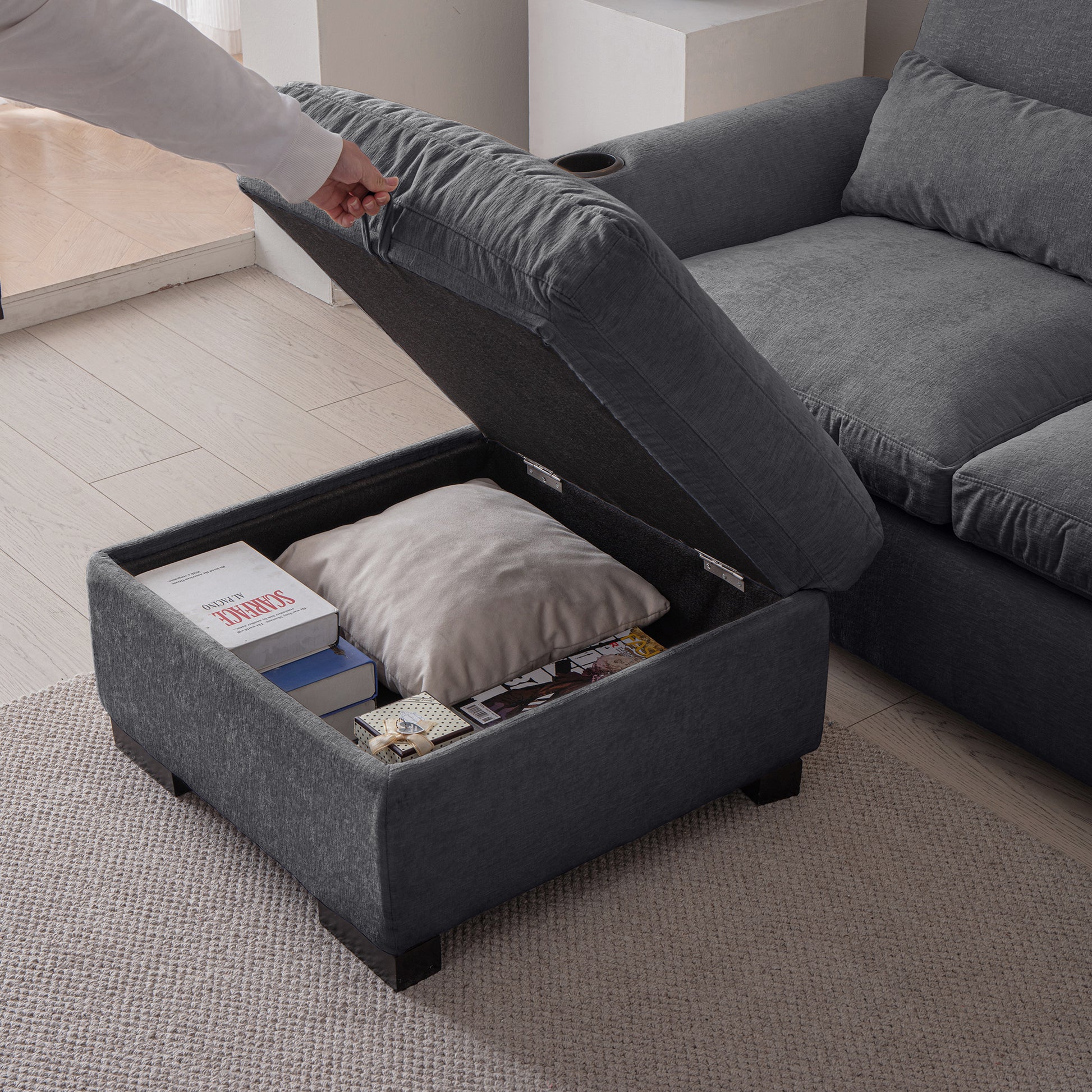 114.5"Modern Modular L Shaped Chenille Sofa Couch Reversible Ottoman With Storage Removable And Washable Cushions Sofa With Usb Ports & Cup Holder For Living Room Dark Grey Modern Foam Chenille